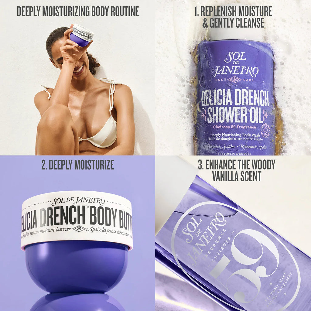Collage of Sol de Janeiro skincare products with text on a white background