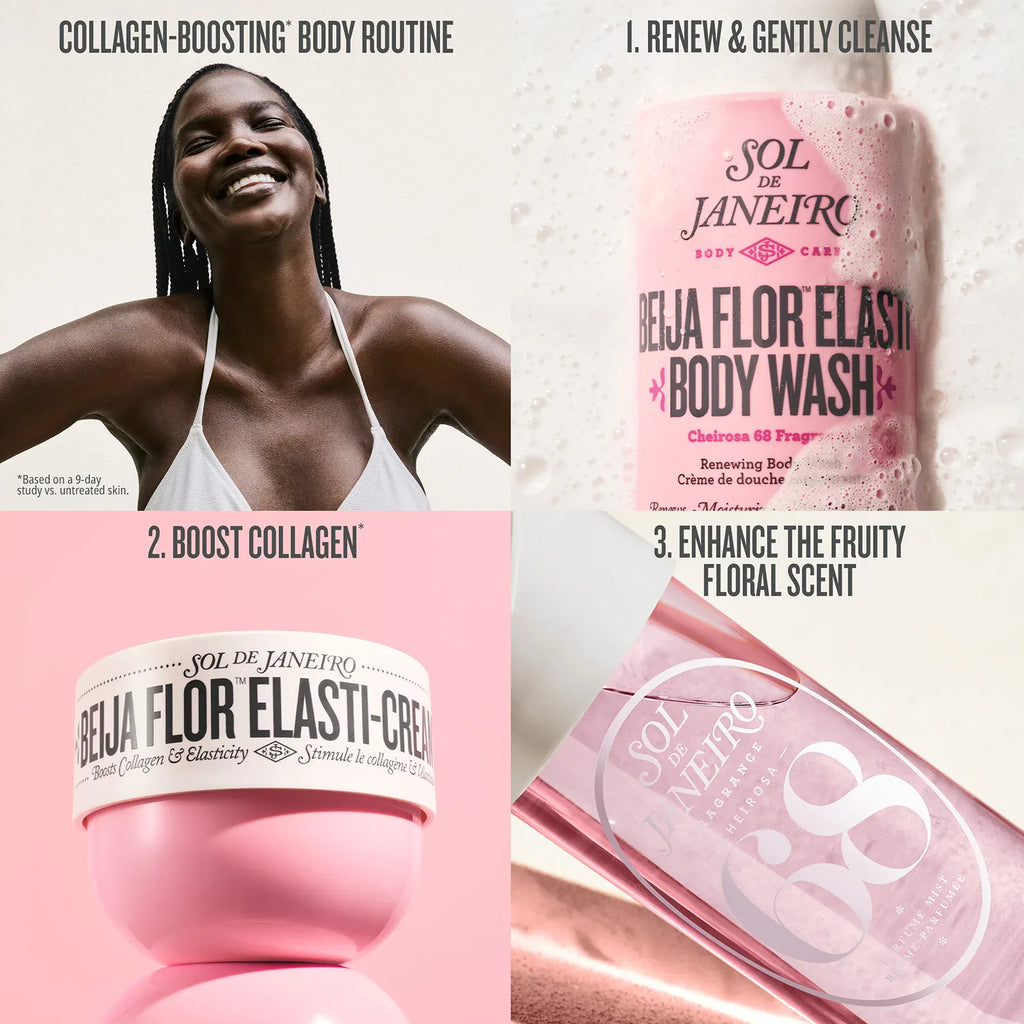 Collagen-boosting body routine with Sol de Janeiro products on a pink background