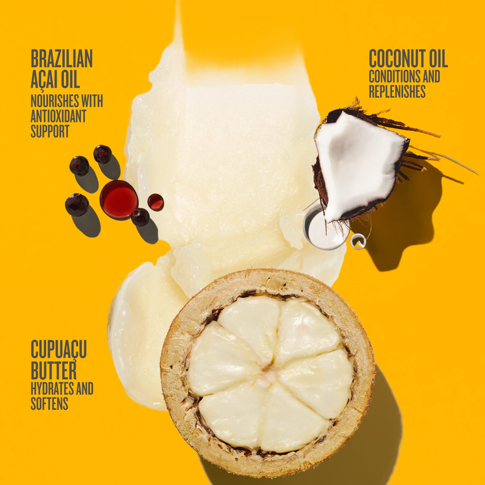 Product display with ingredients on a yellow background

Brazilian acai oil nourishes with antioxidant support 
coconut oil conditions and replenishes 
cucuacu butter hydrates and softens