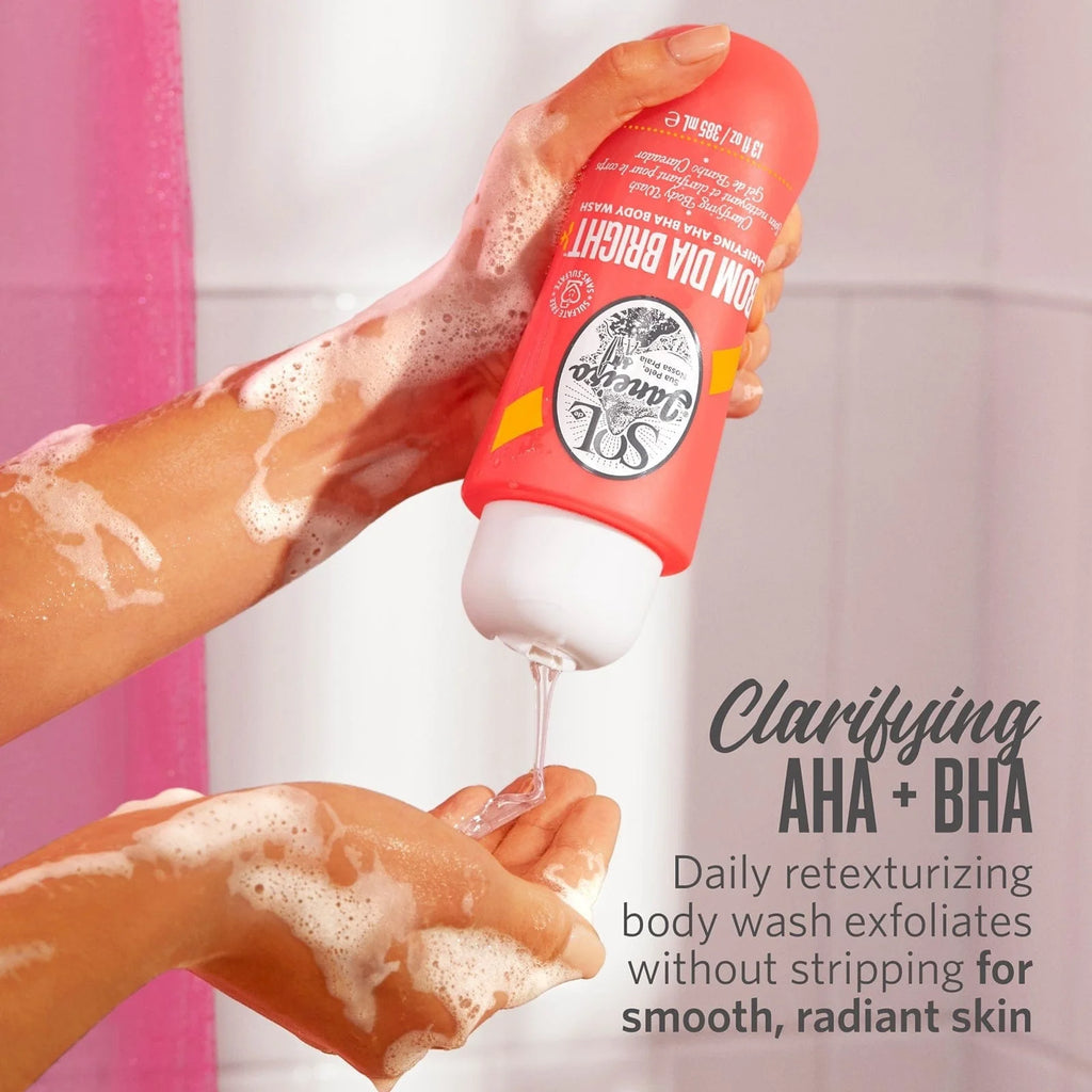 Claifying AHA + BHA daily retexturizing body wash exfoliates without stripping for smooth, radiant skin