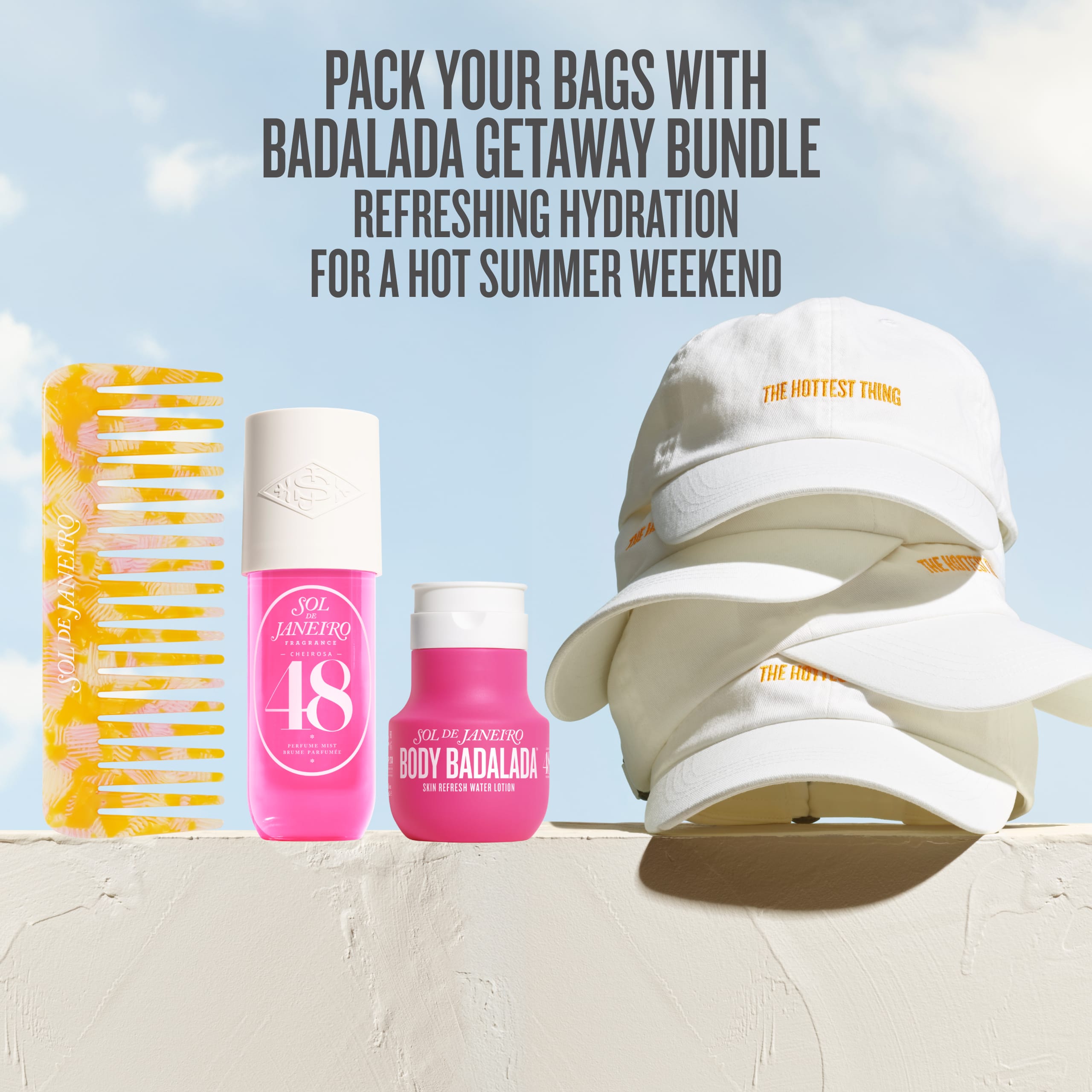 Badalada products including a comb, bottles, and hats with promotional text on a light blue background.