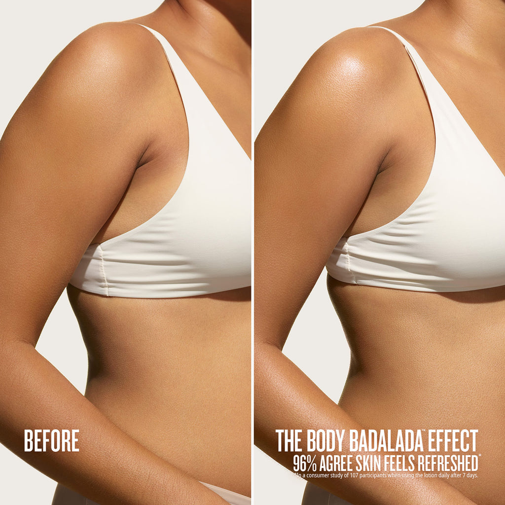 Before and after comparison of a person wearing a white bra, with text about skin refreshment.