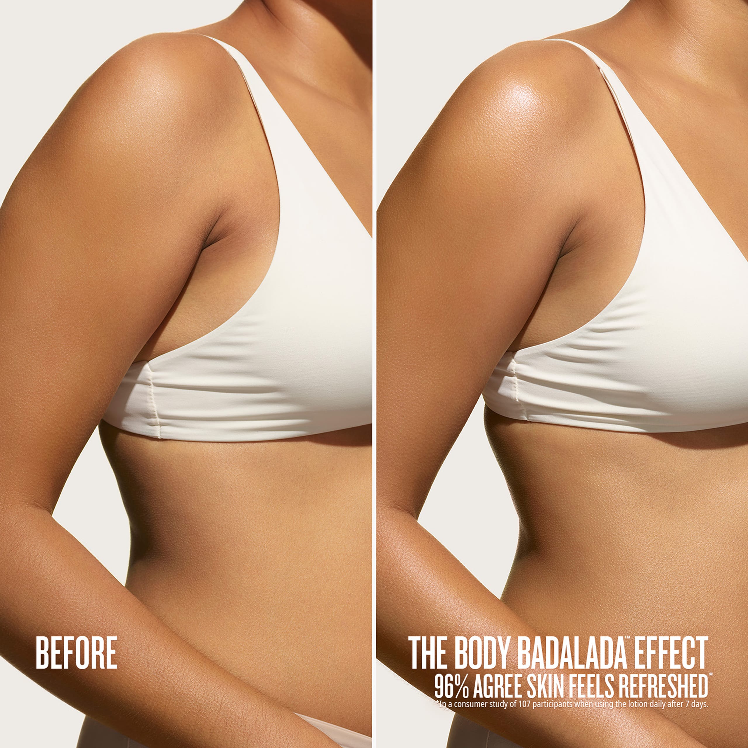 Before and after comparison of a person wearing a white bra, with text about skin refreshment.