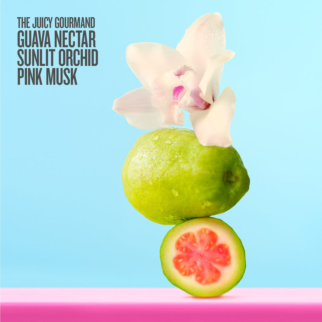 Green guava with a pink orchid on a blue background, labeled 'The Juicy Gourmand'.