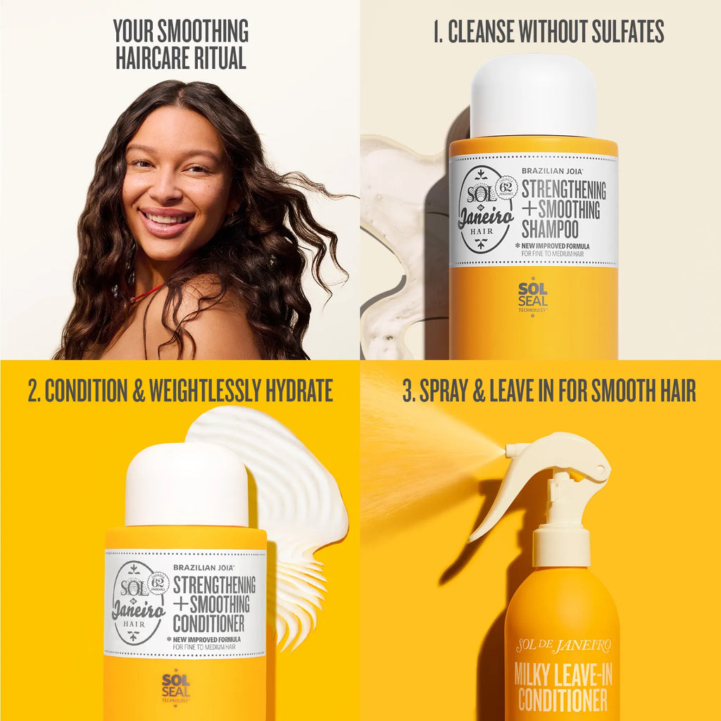 Hair care product set with a woman and hair products on a yellow background