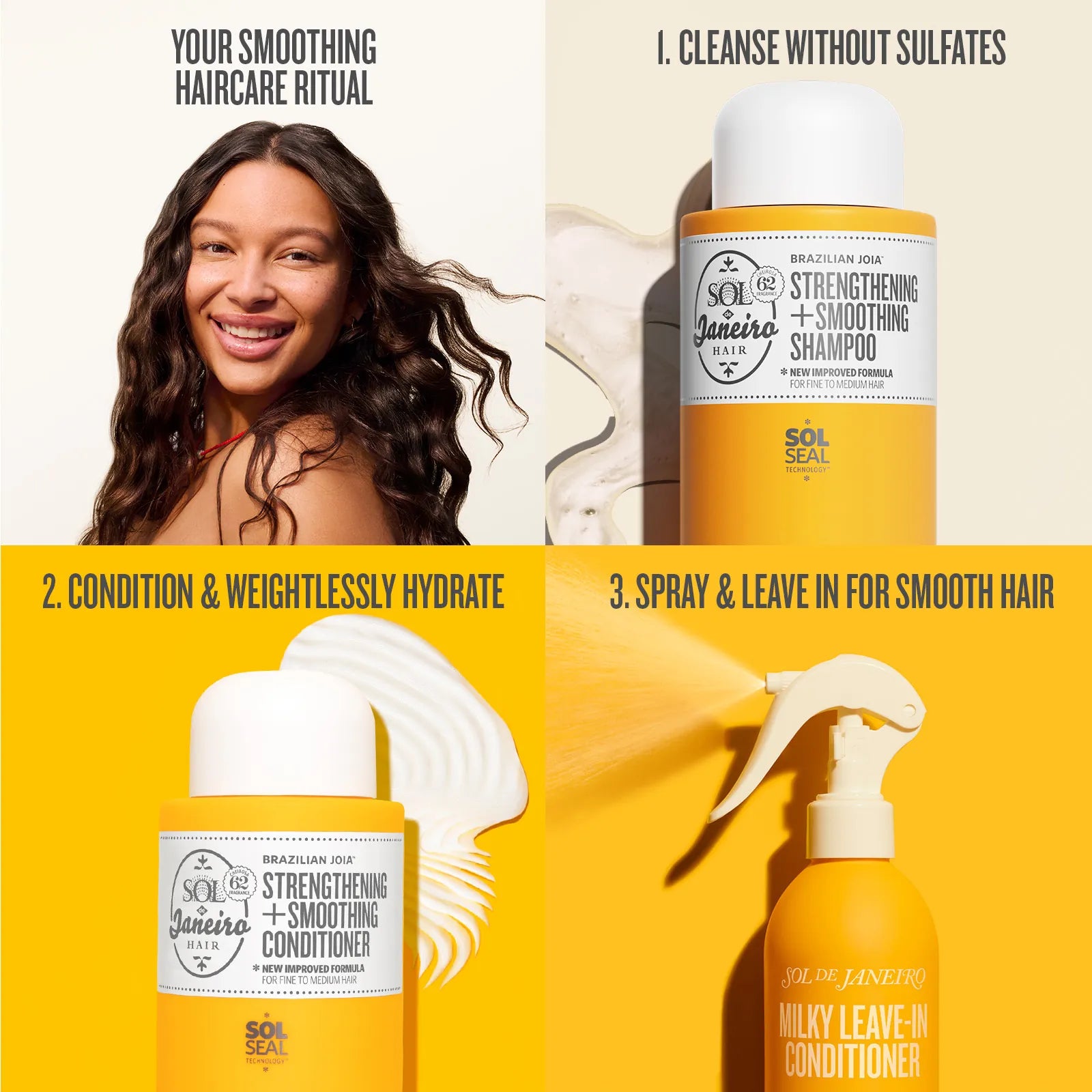 Hair care product set with a woman and hair products on a yellow background