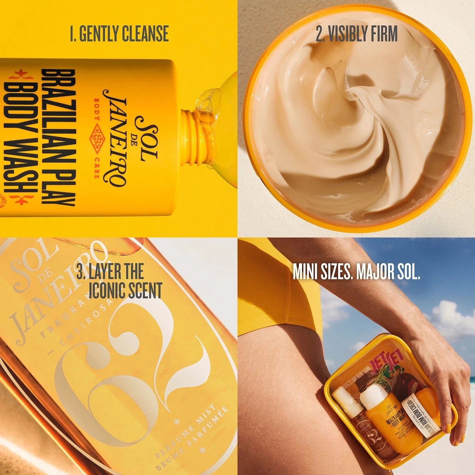 1. gently cleanse 2. visibly firm 3. layer the iconic scent mini sizes. major sol.