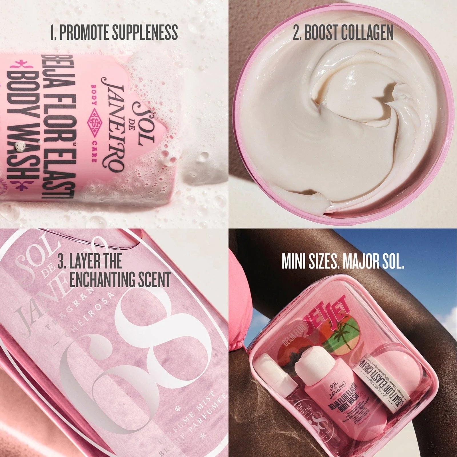 1. promote suppleness 2. boost collagen 3. layer the enchanting scent mini sizes. major sol.
