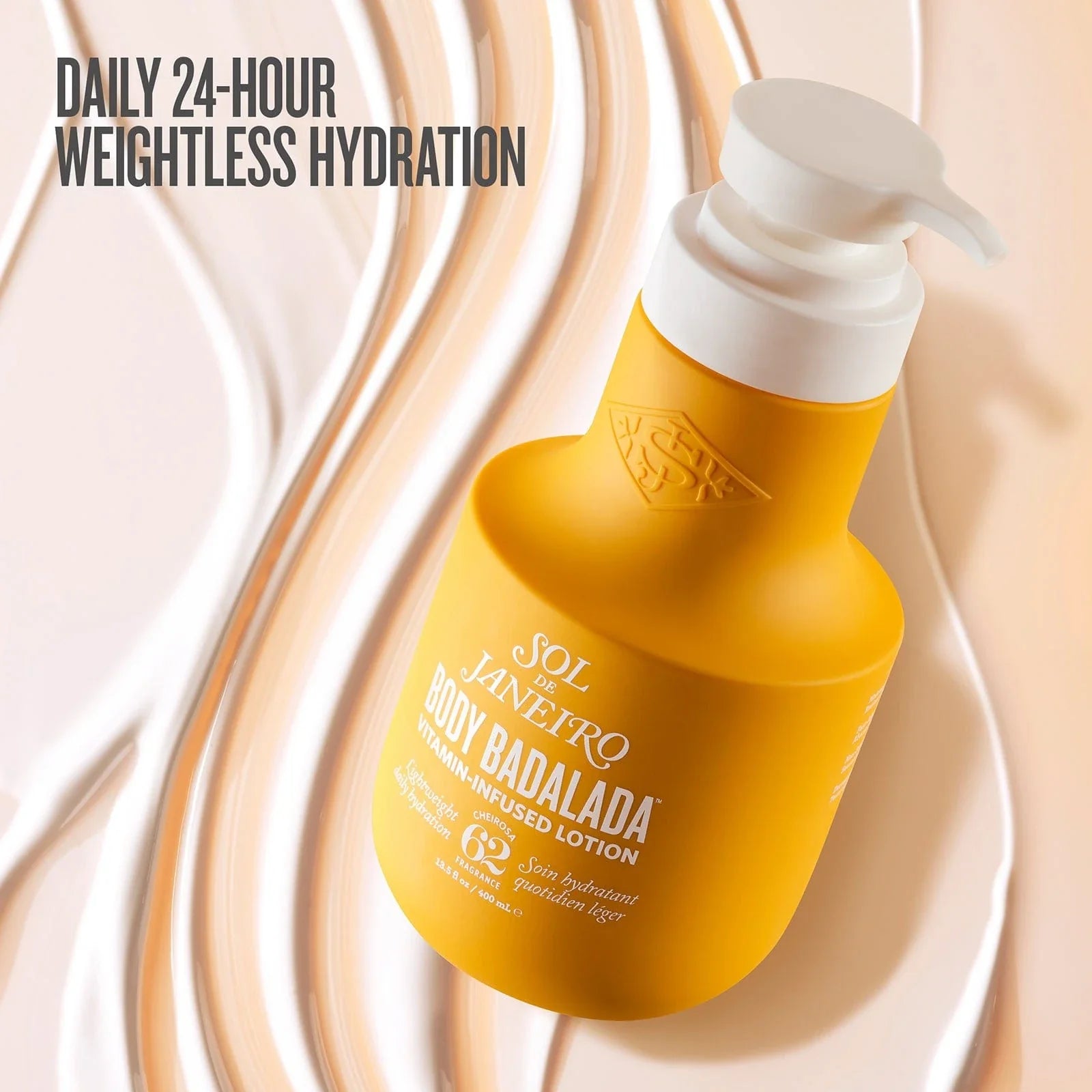 Copy on asset reads "Daily 24-Hour Weightless Hydration" Image of Sol de Janeiro Badalada Body Lotion