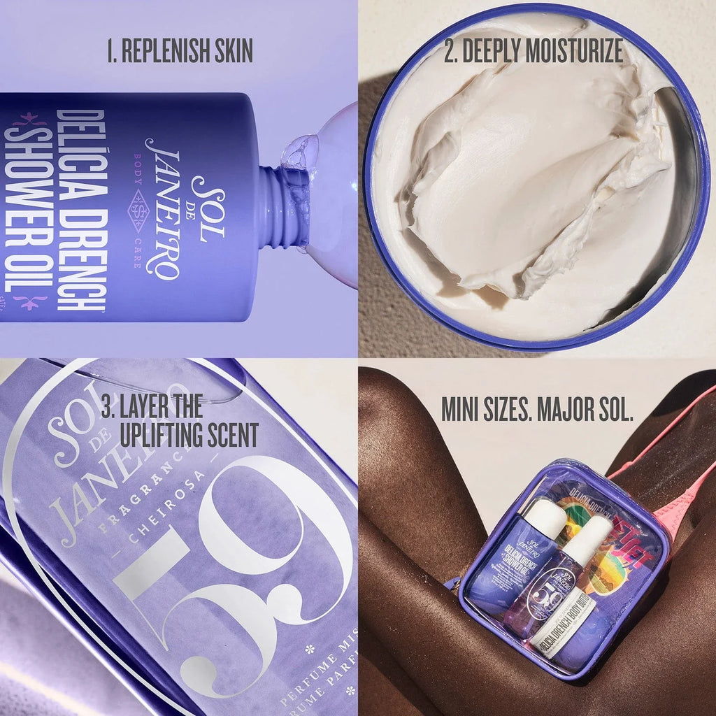 1. replenish skin 2. deeply moisturize 3. layer the uplifting scent mini sizes. major sol.