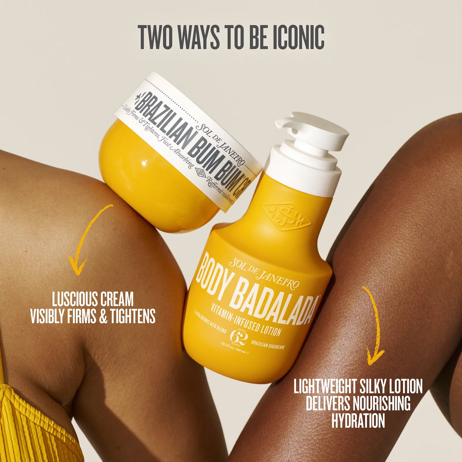 Two bottles of 'Body Badalado' products on a person's legs with text about their benefits.