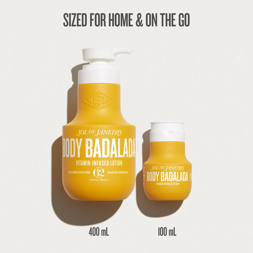 Two yellow bottles of 'Body Badalada' lotion with text indicating size and brand on a white background.