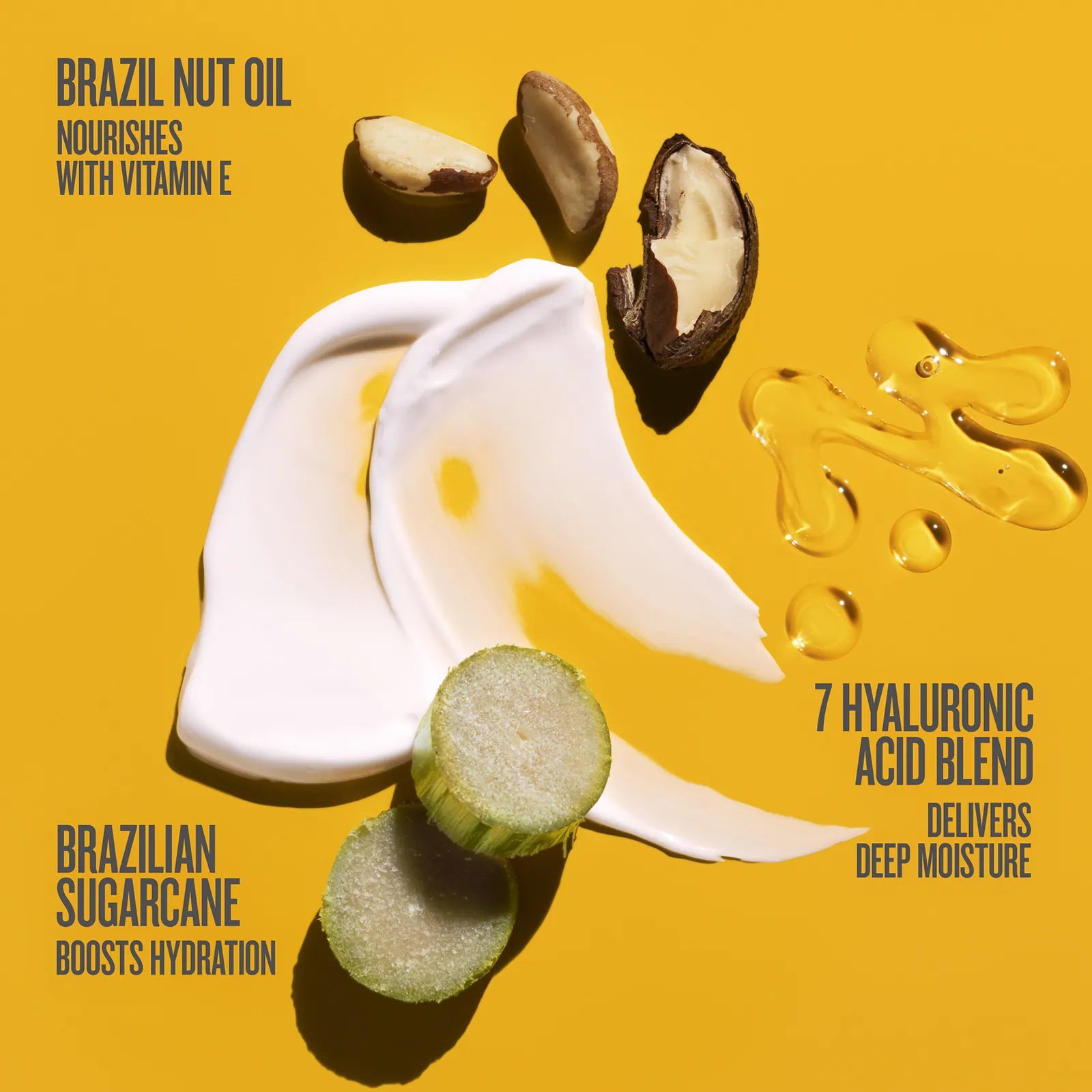 Product advertisement with Brazil nut oil, hyaluronic acid blend, and sugarcane on a yellow background.