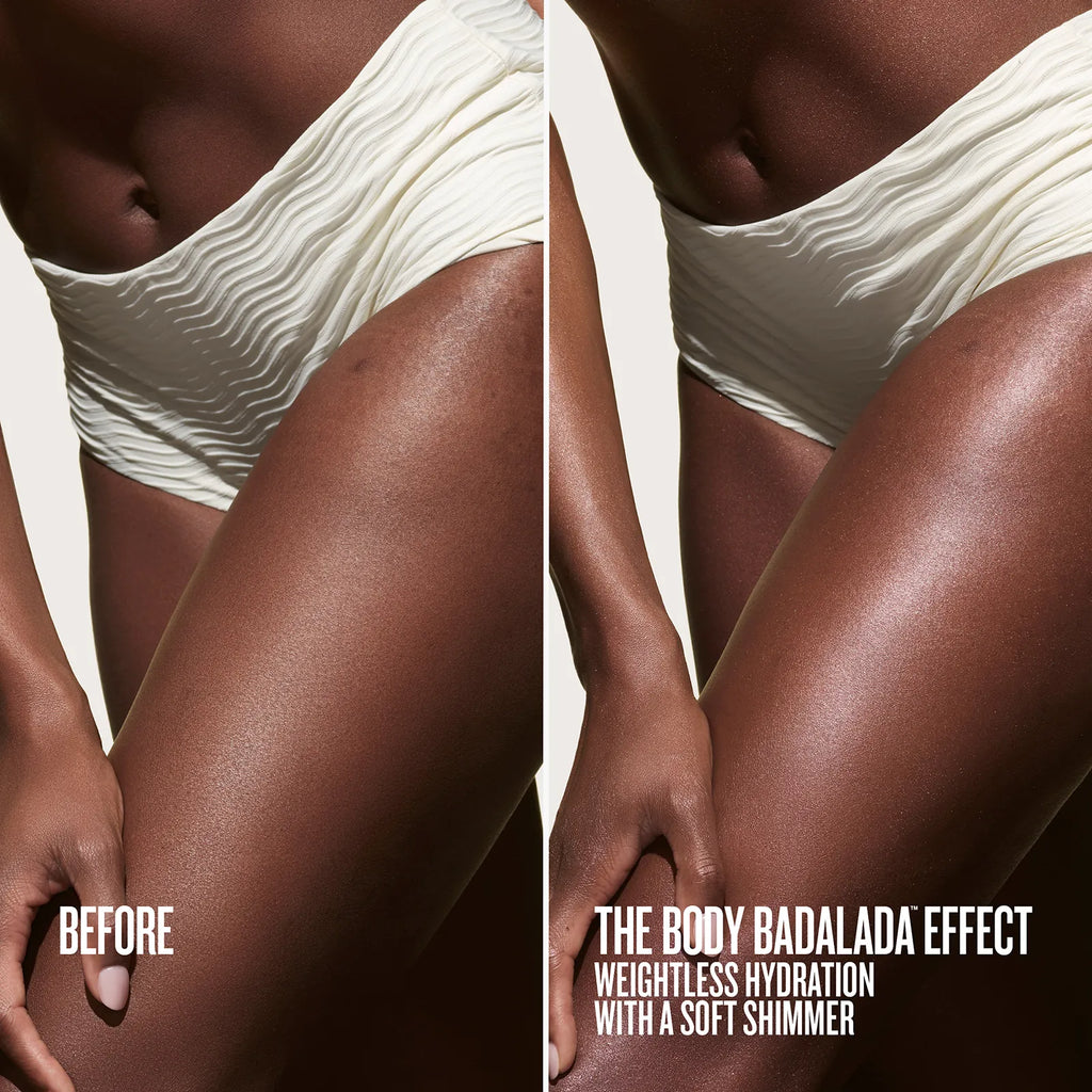 Before/After the body badalada effect weightless hydration with a soft shimmer