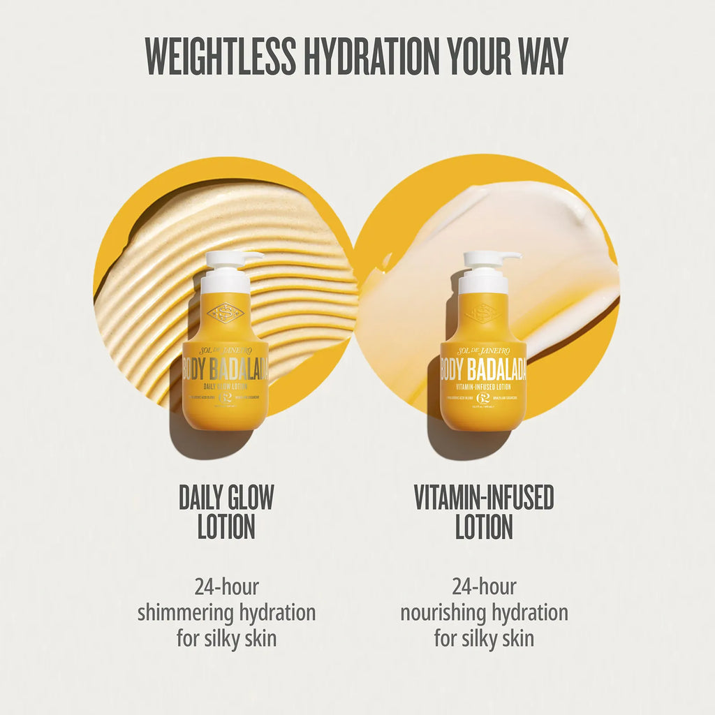 Two bottles of Daily Glow Lotion and Vitamin-Infused Lotion with text on a light gray background.

Weightless hydration your way daily glow lotion, 24 hour shimmering hydration for silky skin. Vitamin infused lotion 24 hour nourishing hydration for silky skin