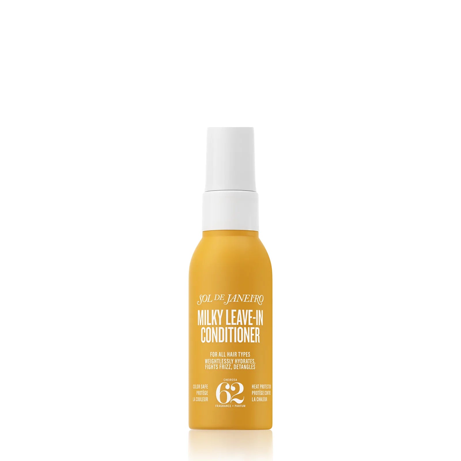 Yellow bottle of Milky Leave-In Conditioner with white cap on a white background