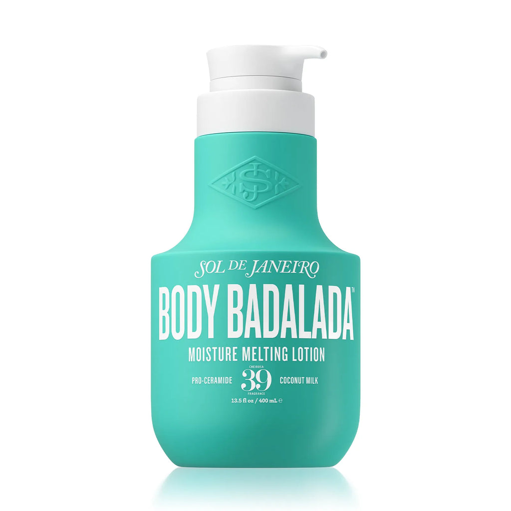 Teal bottle of Sol de Janeiro Body Badalada lotion on a white background 400ml