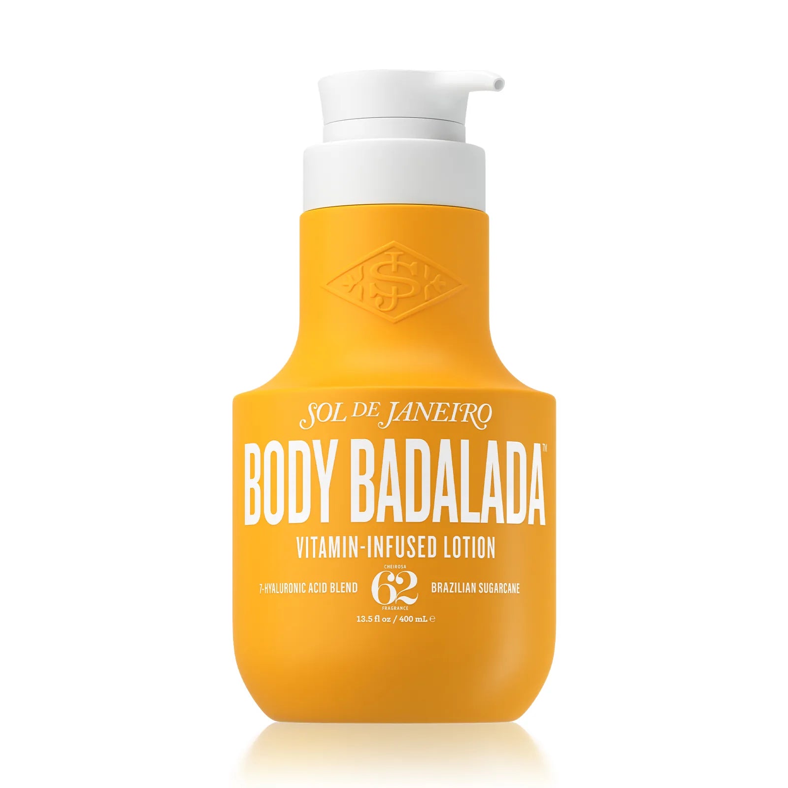 Yellow lotion bottle with white pump labeled 'Body Badalada' on a white background