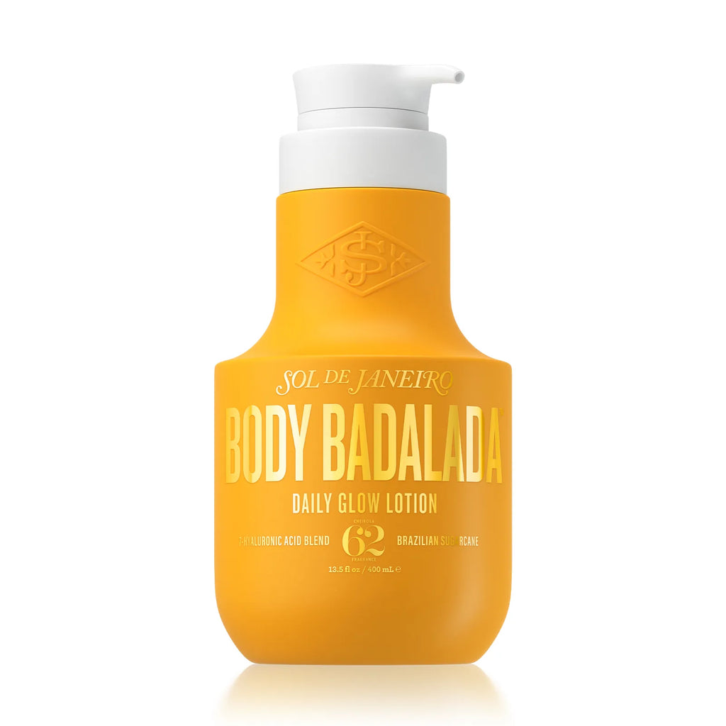 Yellow lotion bottle with white pump labeled 'Body Badalada' on a white background