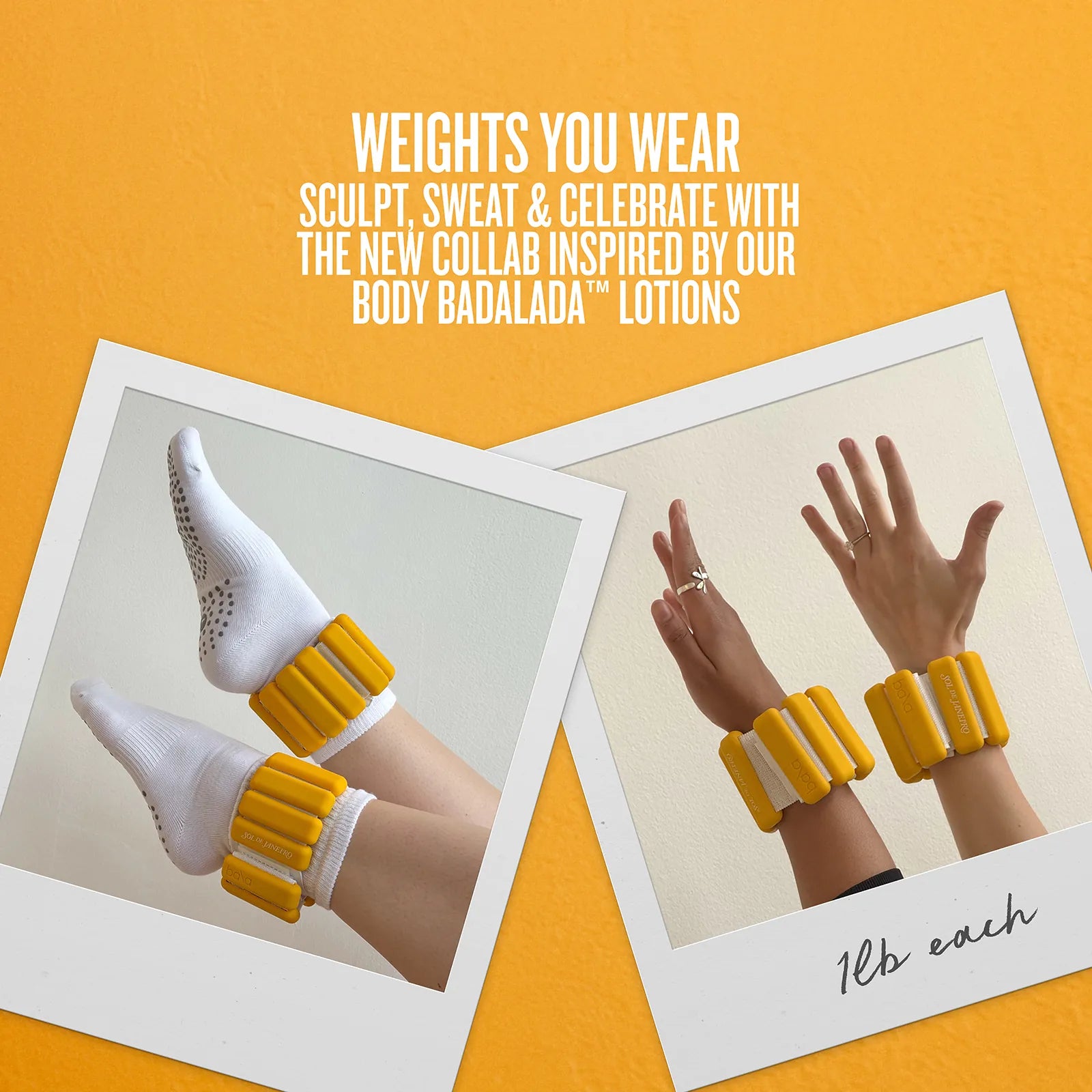 Promotional image of weights with text on a yellow background