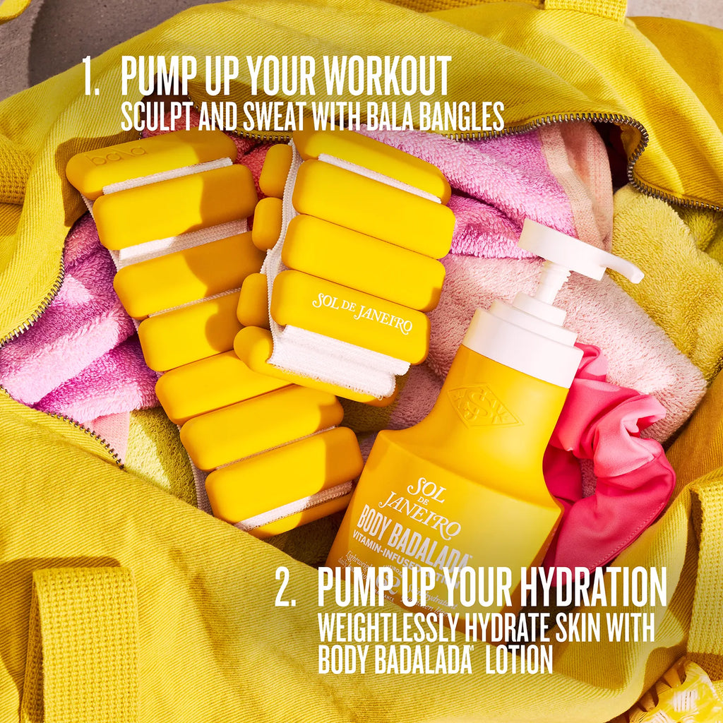 Yellow workout gloves and lotion bottle with promotional text on a yellow background
