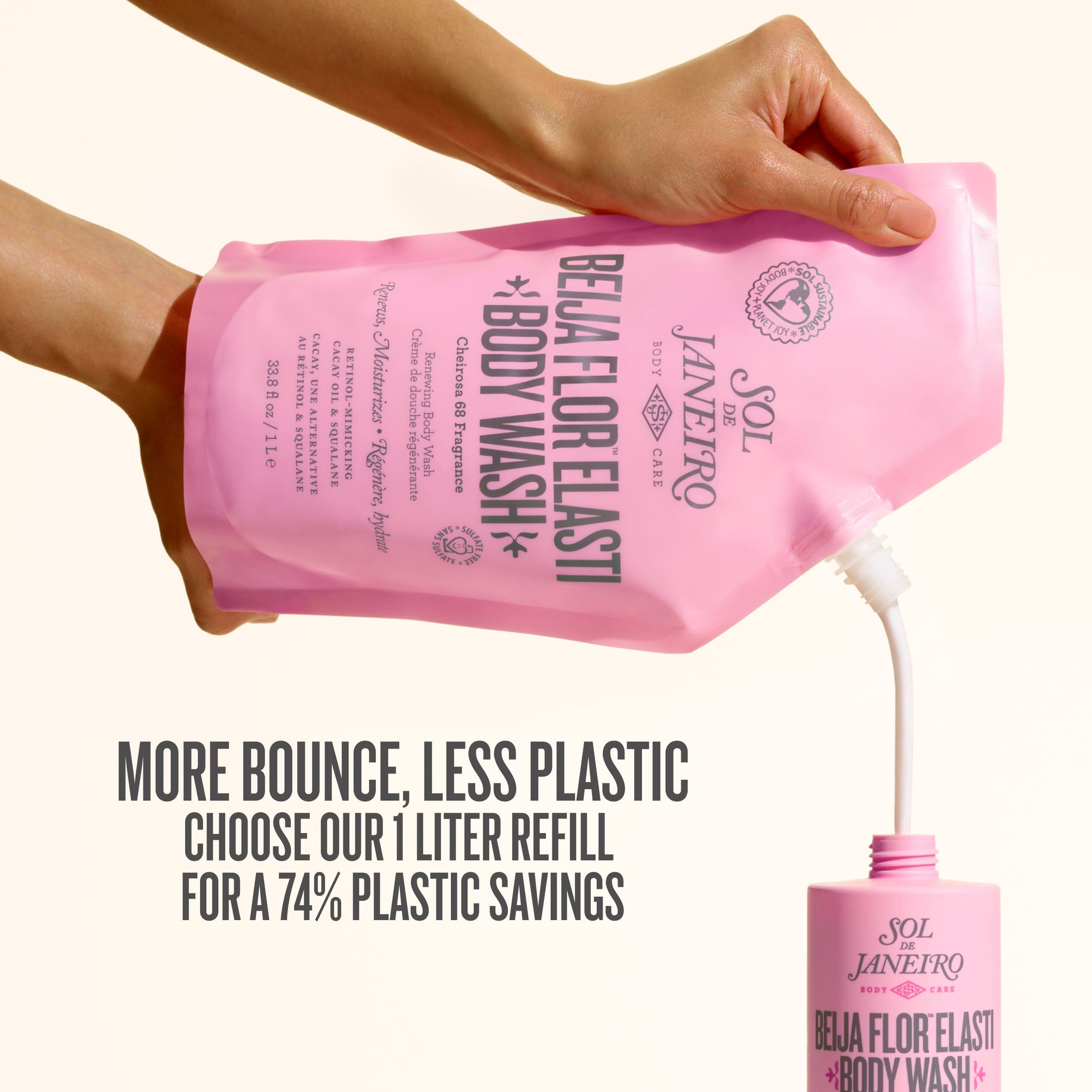 Pink body wash refill packaging with a hand pouring product. 

More bounce, less plastic choose our 1 liter refill for 74% plastic savings