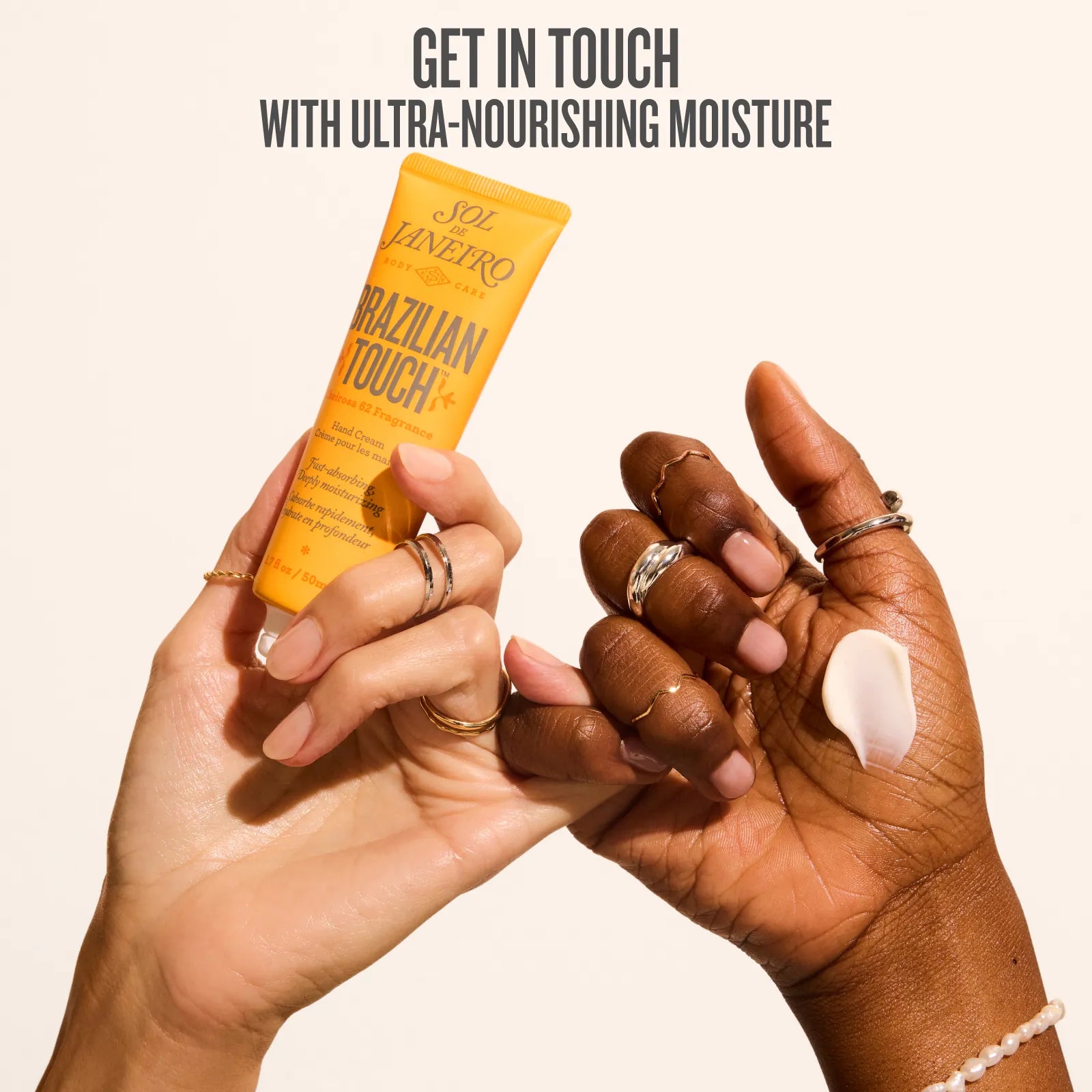 Two hands holding a bottle of Brazilian Touch product with text about ultra-nourishing moisture.