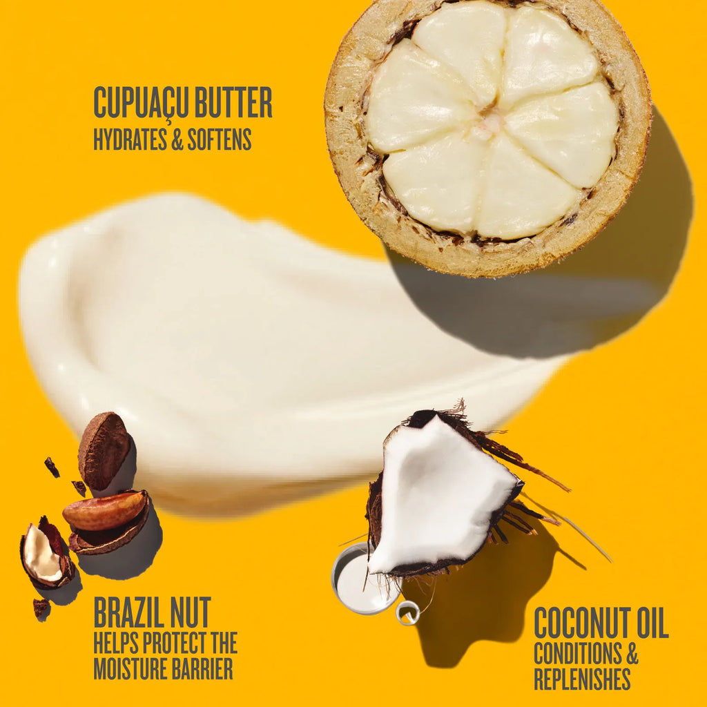 Product with cupuaçu butter, Brazil nut, and coconut oil on a yellow background