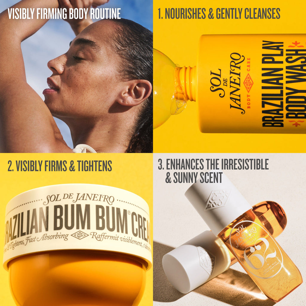 visbily firming body routine 1. nourishes & gently cleanses 2. visibly firms and tightens 3. enhances the irresistible & sunny scent