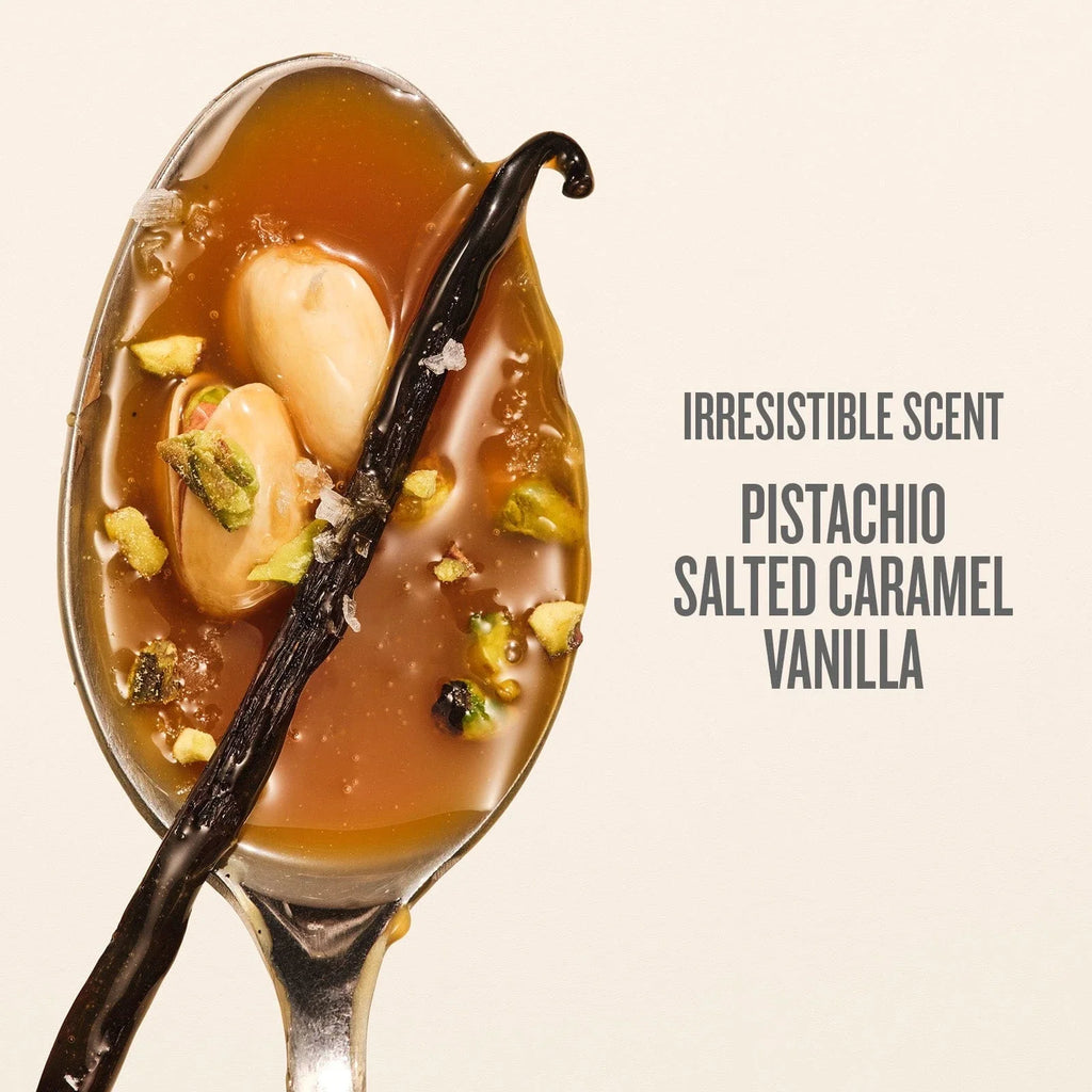 Image on text reads Irresistible scent pistachio, salted caramel, vanilla. this is an image of the scent notes for sol de janeiro cheirosa 62 