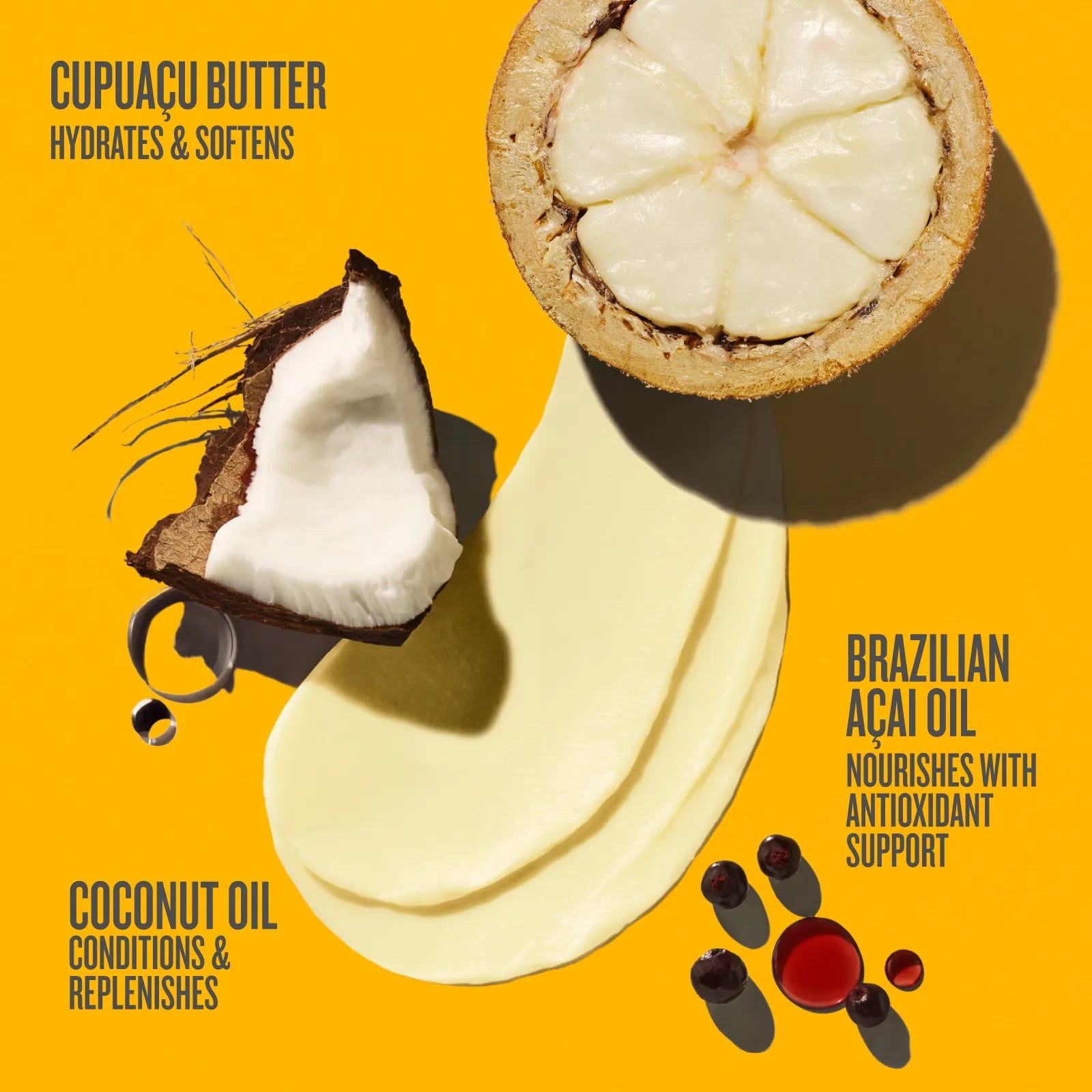 Cupuaçá butter, coconut oil, and acai oil with text on a yellow background
