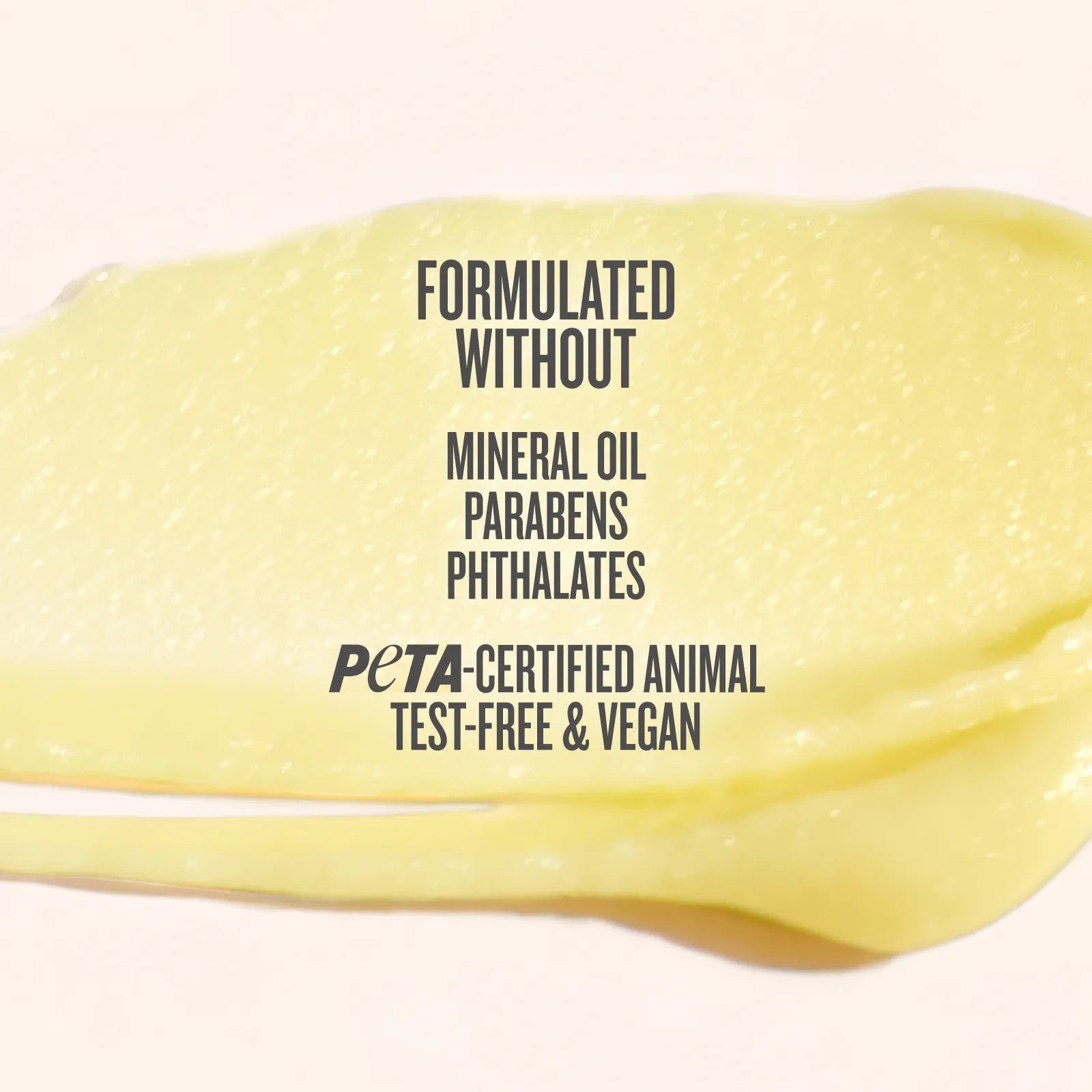 Yellow substance with text about product ingredients and certifications on a white background
