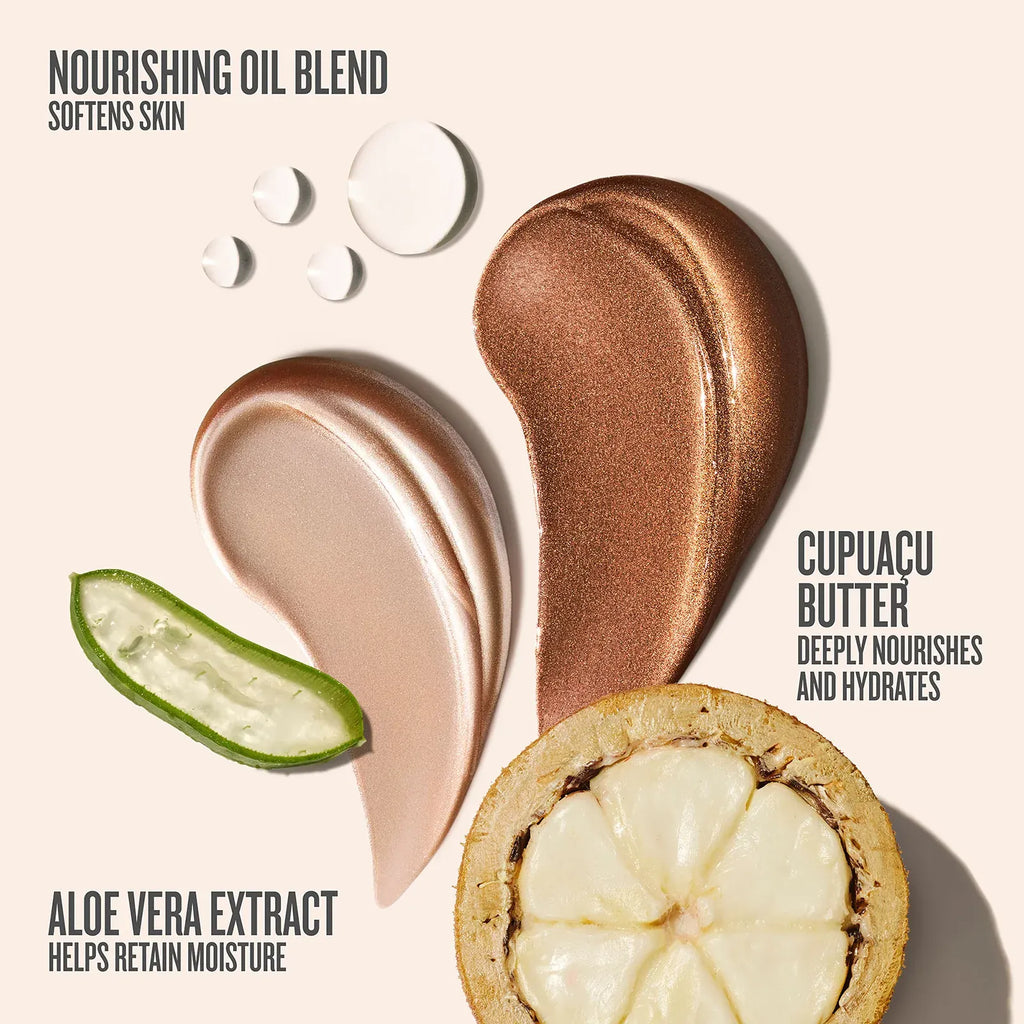 nourishing oil blend softens skin, aloe vera extract helps retain moisture, cupuacu butter deeply nourishes and hydrates