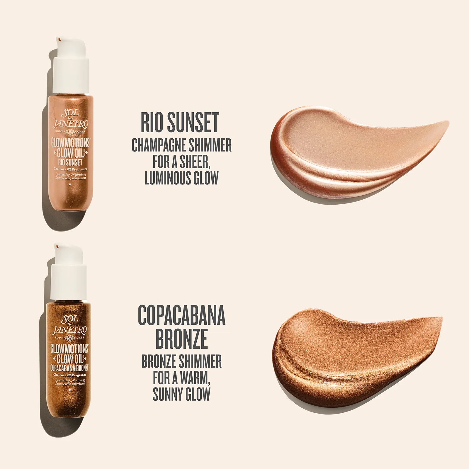Rio sunset champagne shimmer for a sheer, luminous glow. Copacabana bronze bronze shimmer for a warm sunny glow