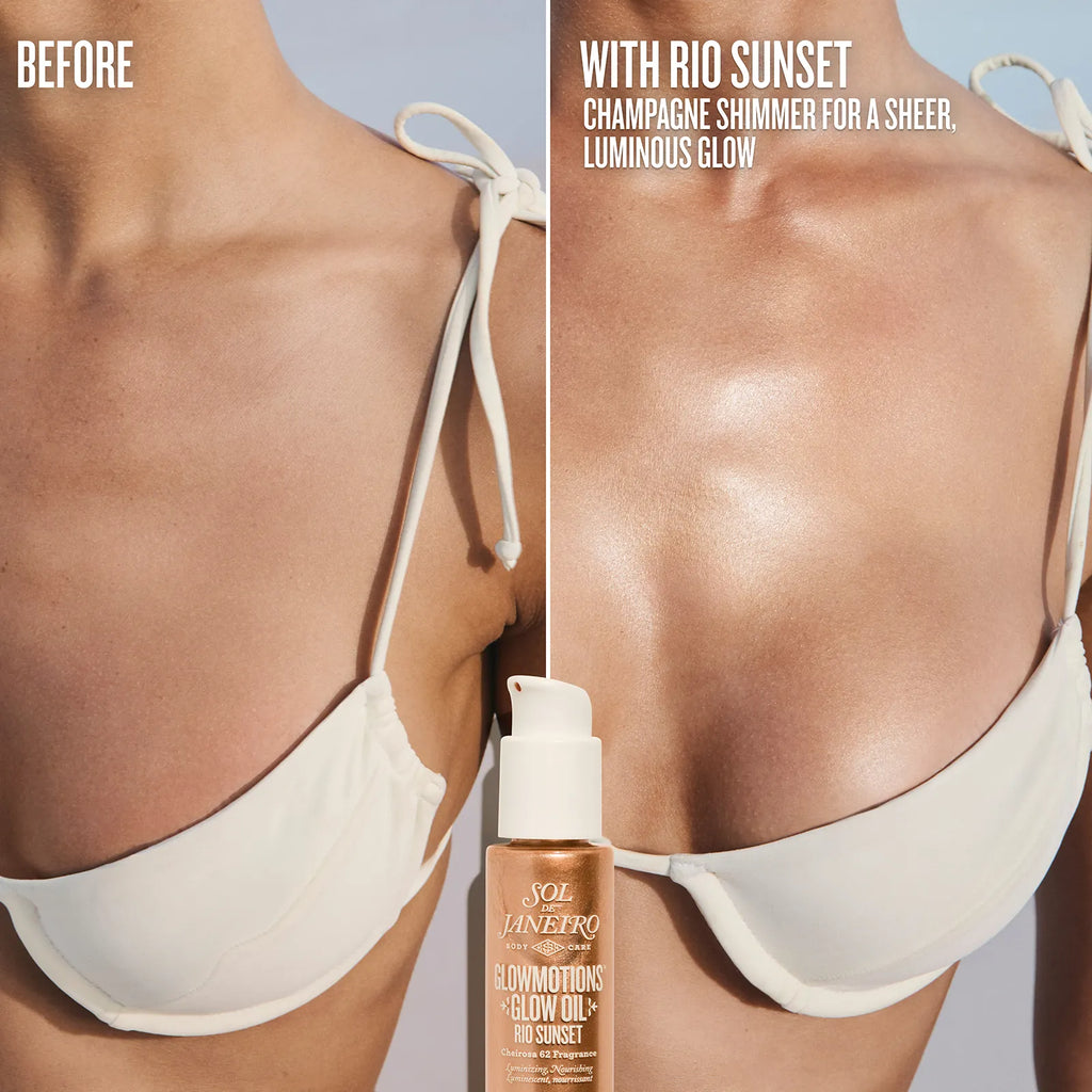 Before and after comparison of a woman applying a sunless tanning product with 'Rio Sunset' finish.