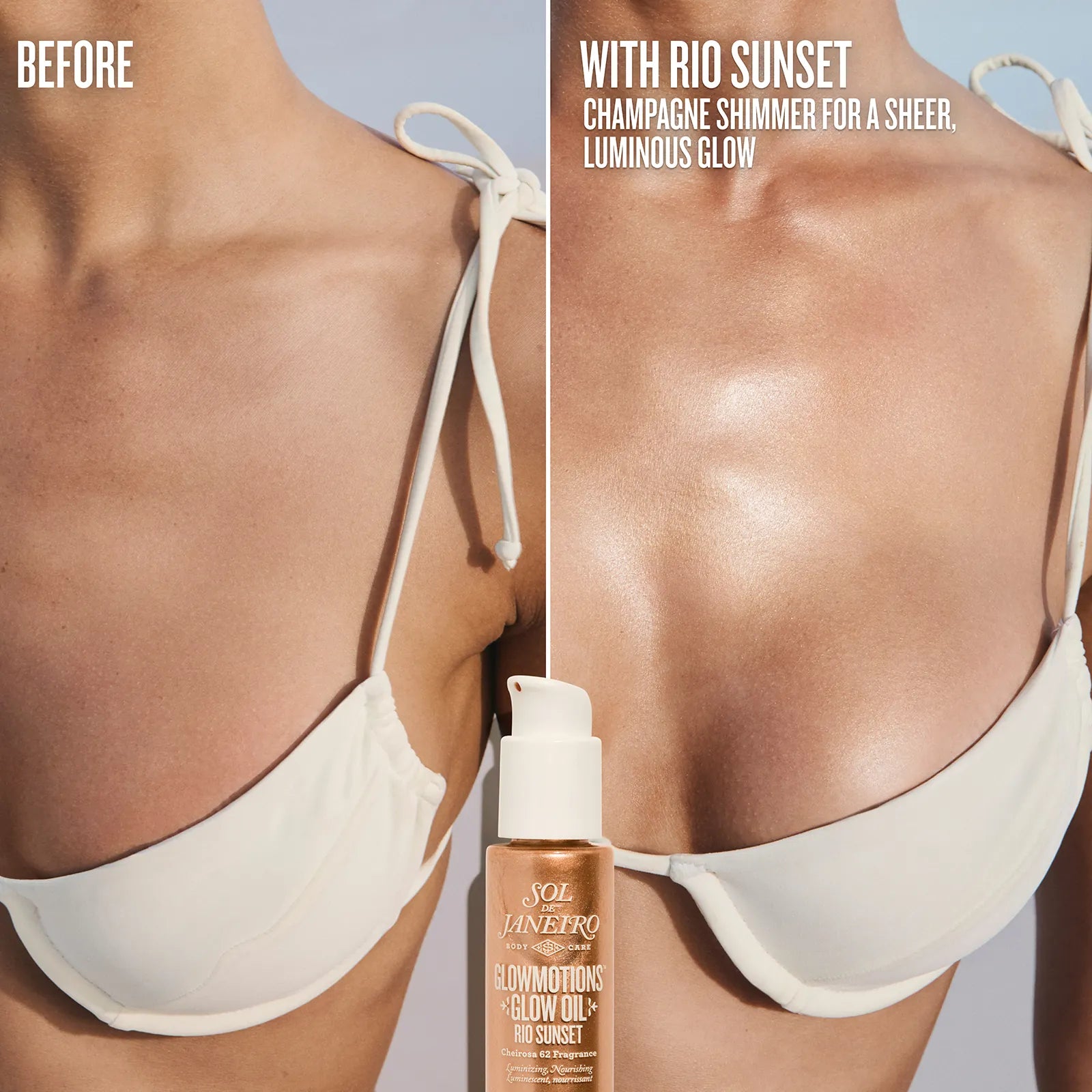 Before and after comparison of a woman applying a sunless tanning product with 'Rio Sunset' finish.