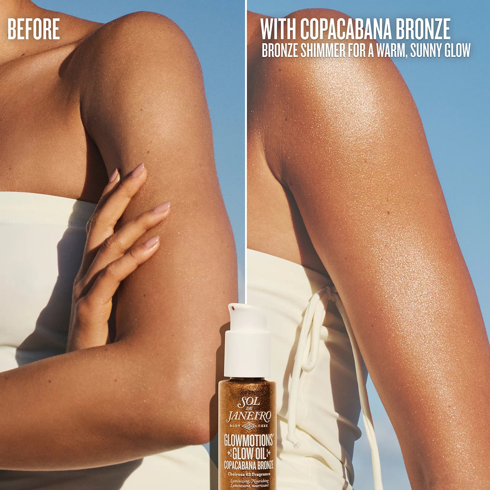 Before and after comparison of a woman's arm with Copacabana Bronze oil application.