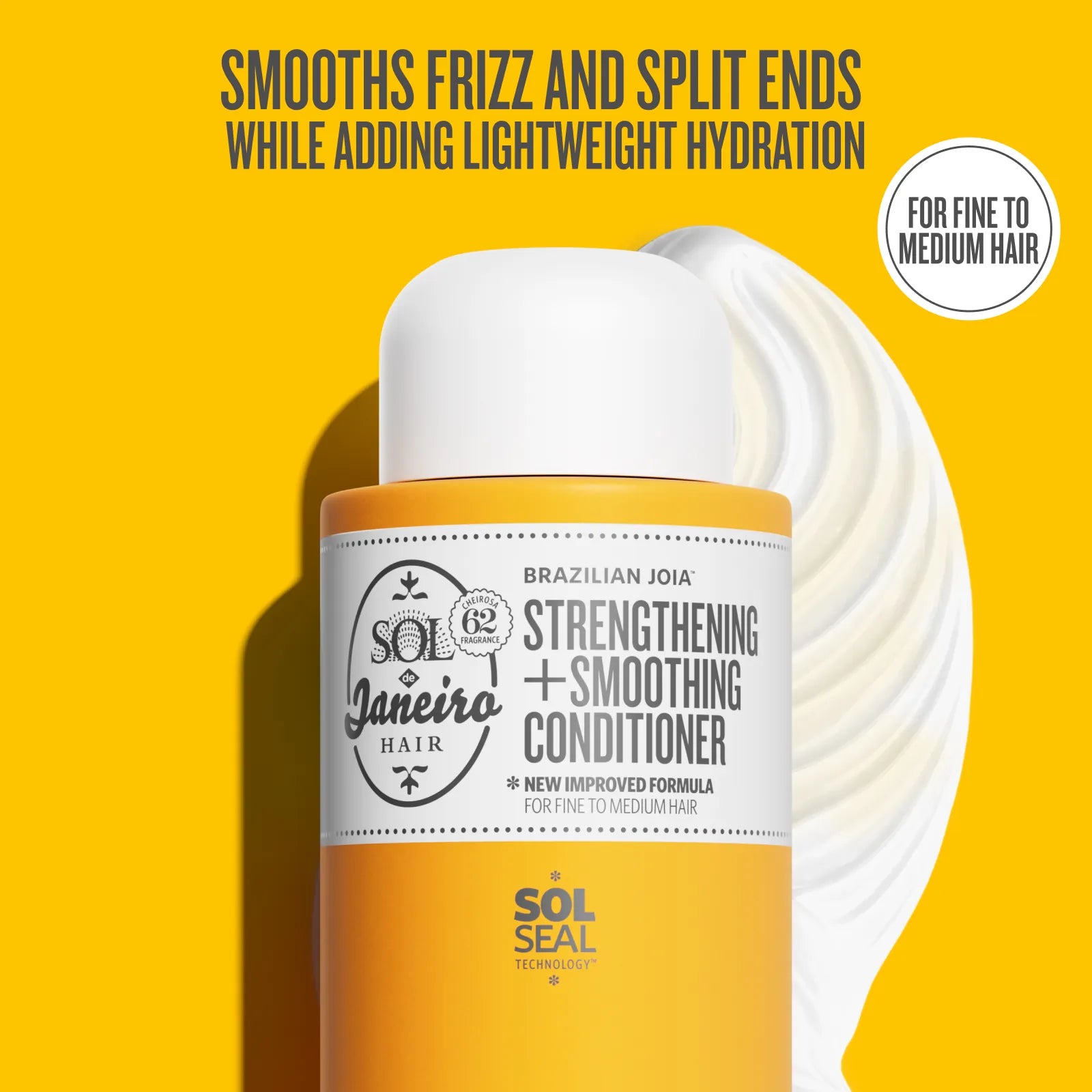 Sol de Janeiro hair conditioner bottle with text on a yellow background