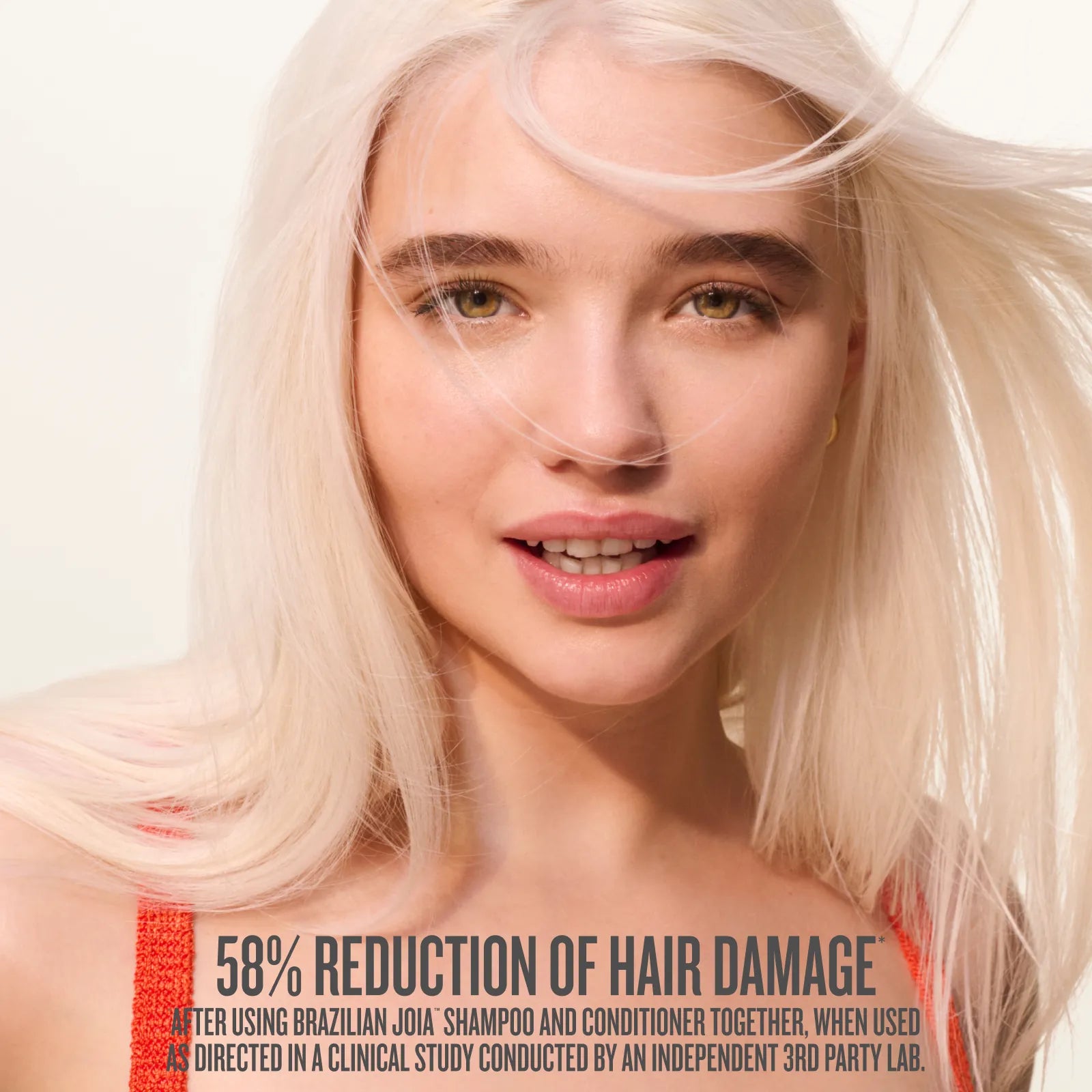 Woman with blonde hair against a white background with text about hair damage reduction.