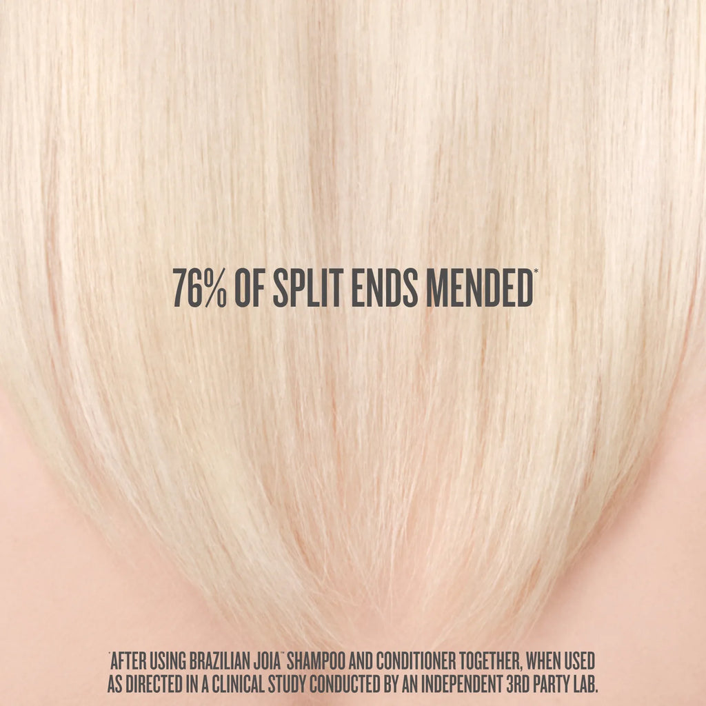 Blonde hair with text indicating split end repair percentage, on a light pink background.