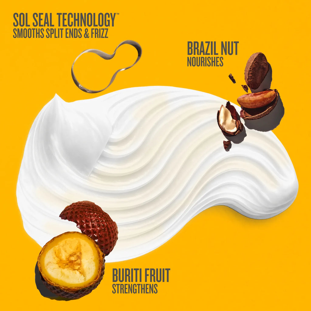 Product advertisement with white cream, Brazil nut, and Buriti fruit on a yellow background