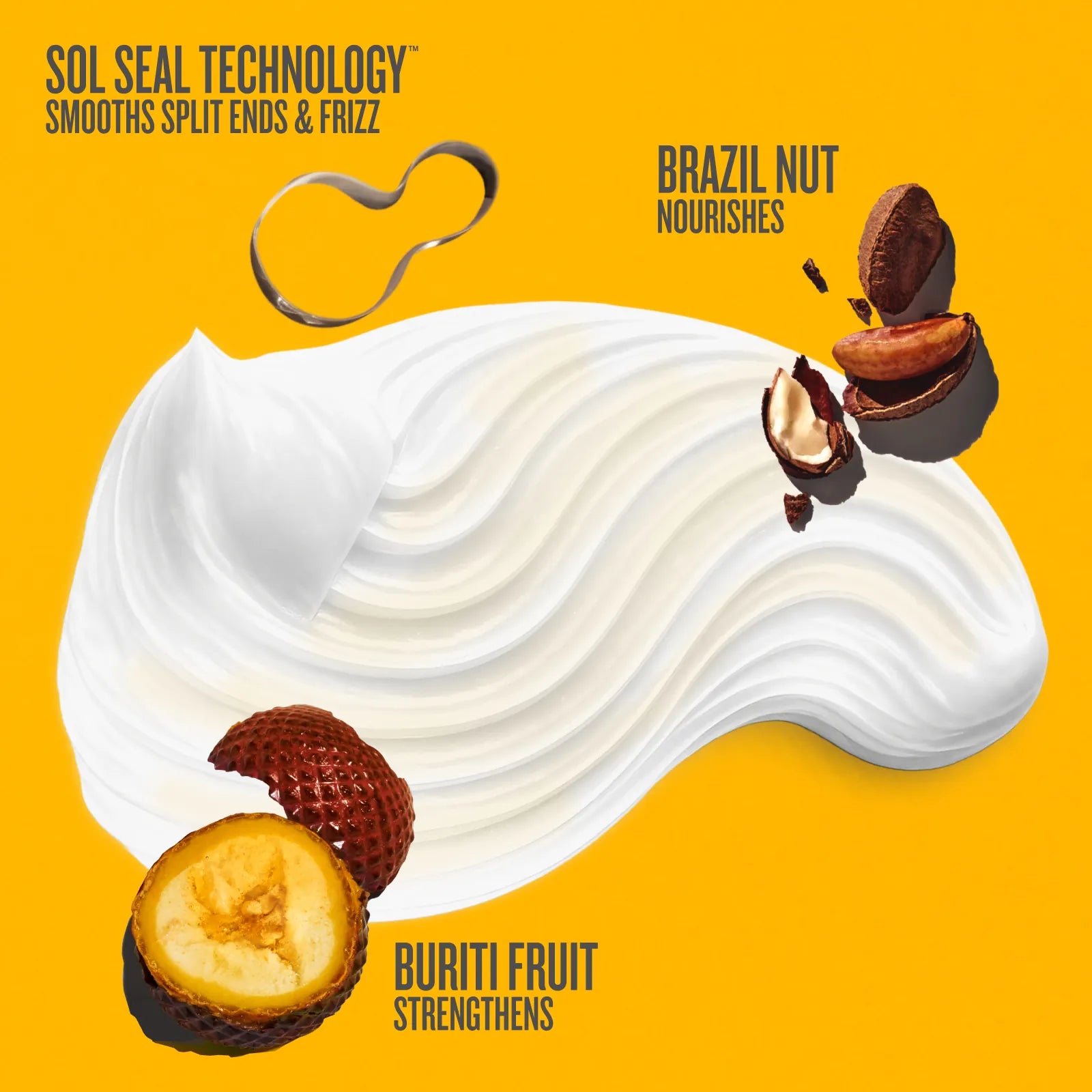 Product advertisement with white cream, Brazil nut, and Buriti fruit on a yellow background