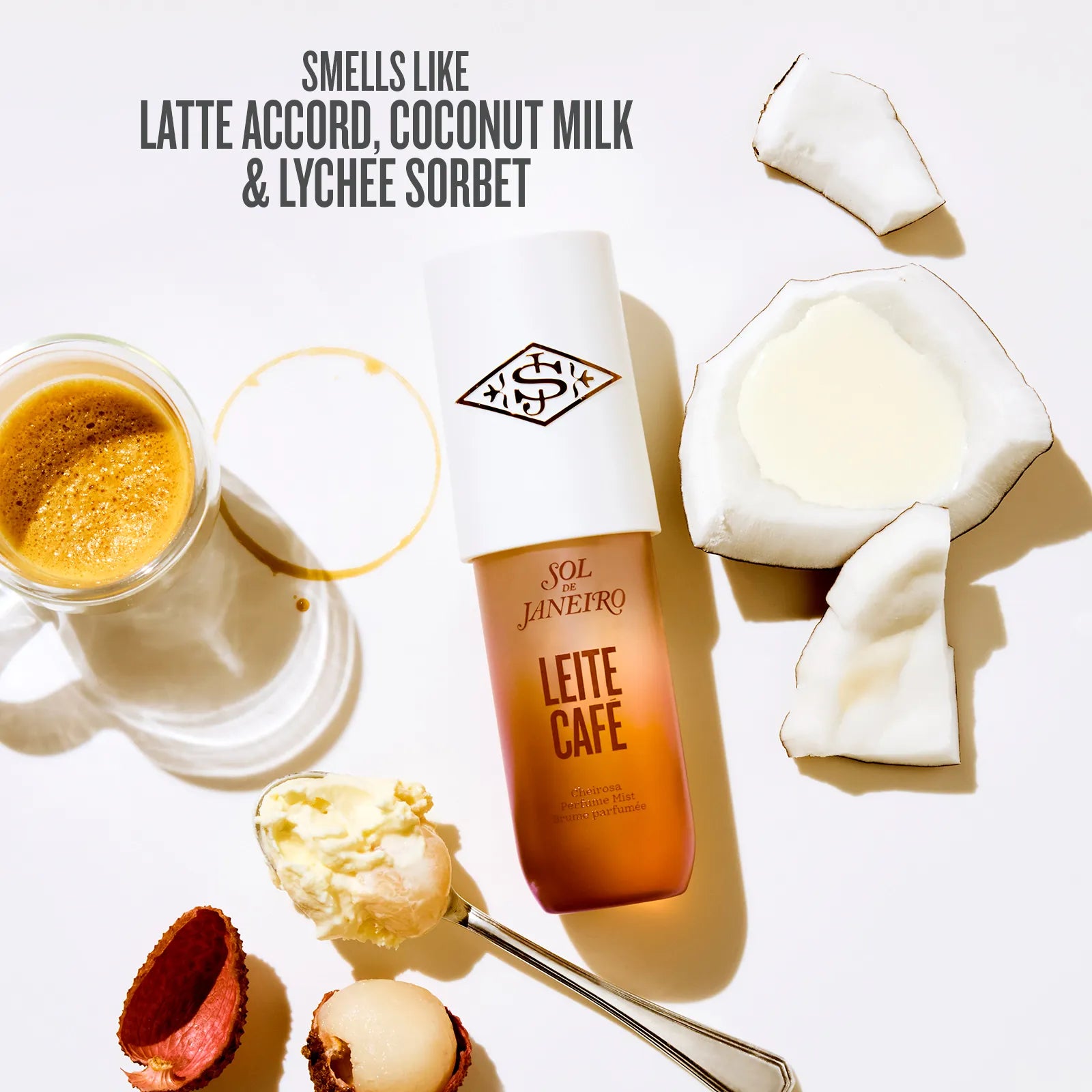 Scented bottle labeled 'Leite Cafe' with coffee, coconut, and dessert elements on a white background