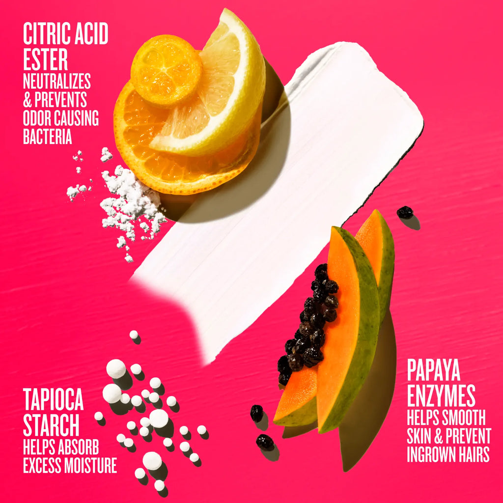 Papaya and lemon slices with text on a pink background