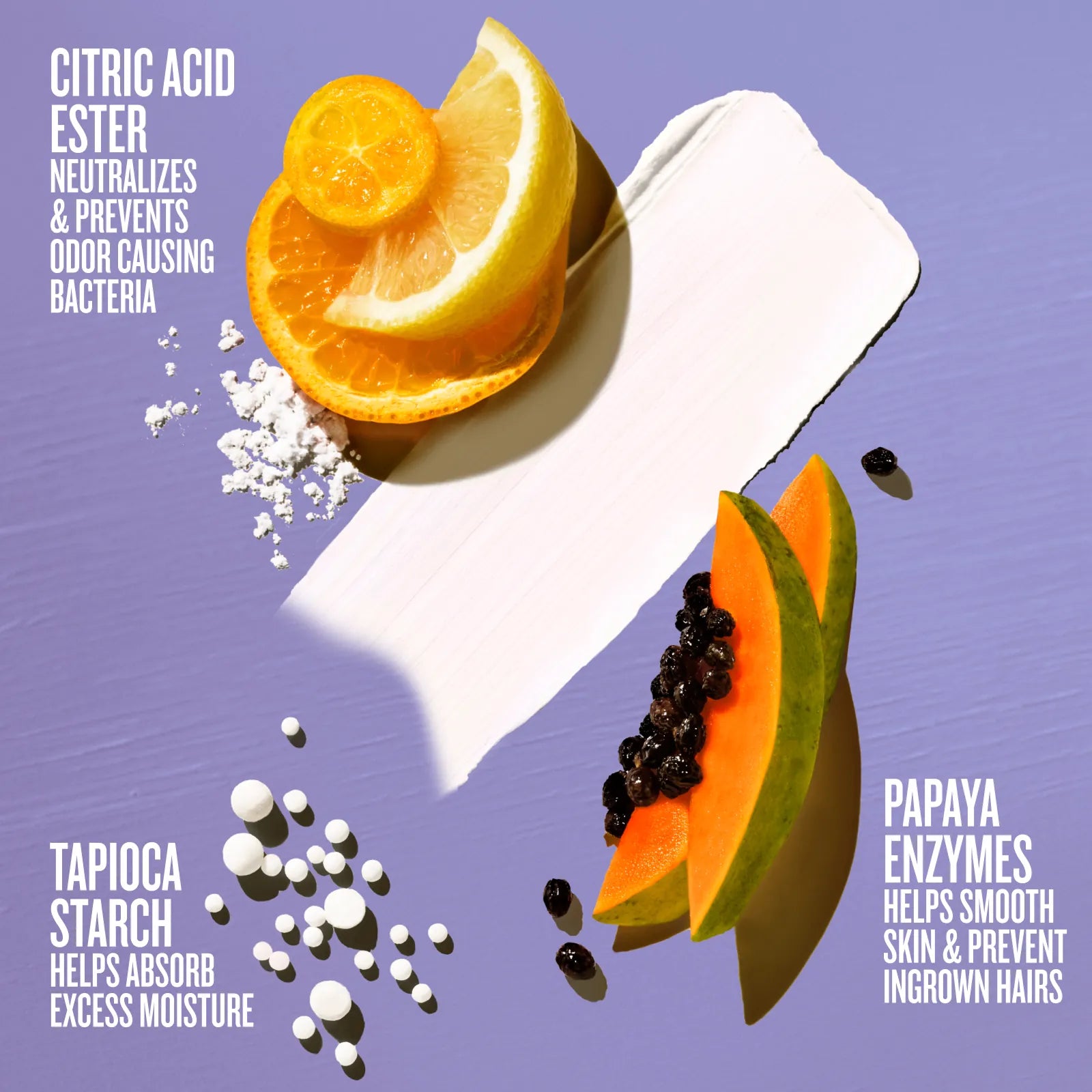 Papaya and orange slices on a white cloth with text about ingredients on a purple background