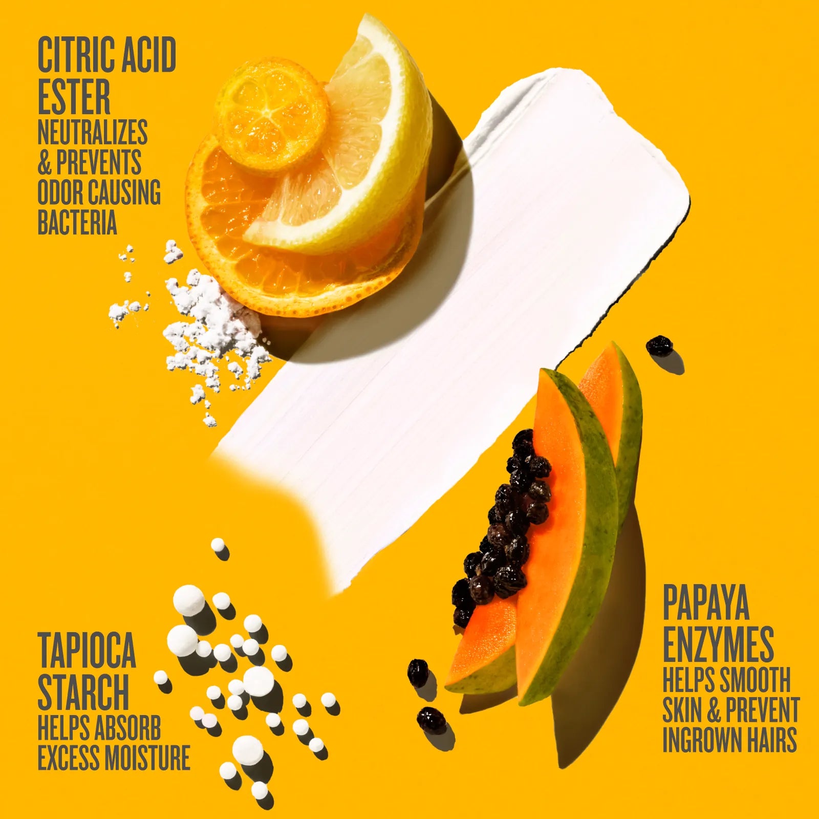 Papaya, lemon slices, and tapioca starch on a yellow background with text about ingredients.