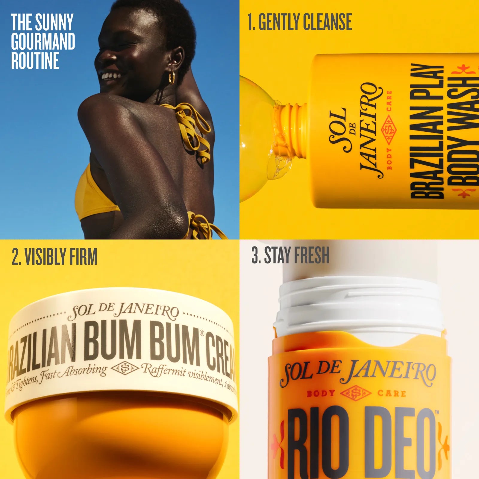 Promotional graphic for Sol de Janeiro products with a woman, body wash, cream, and deodorant.