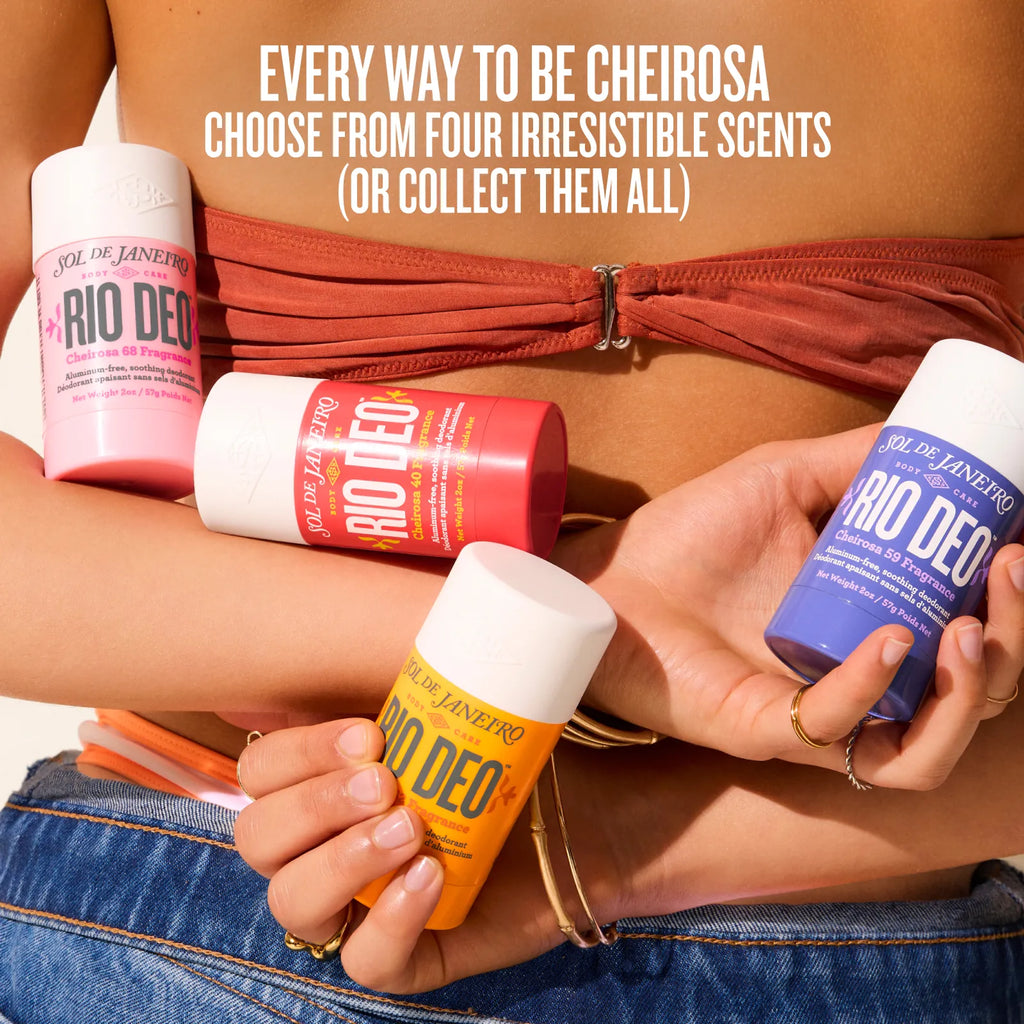Rio Deo deodorant sticks in various colors held by a person, with promotional text overlay.