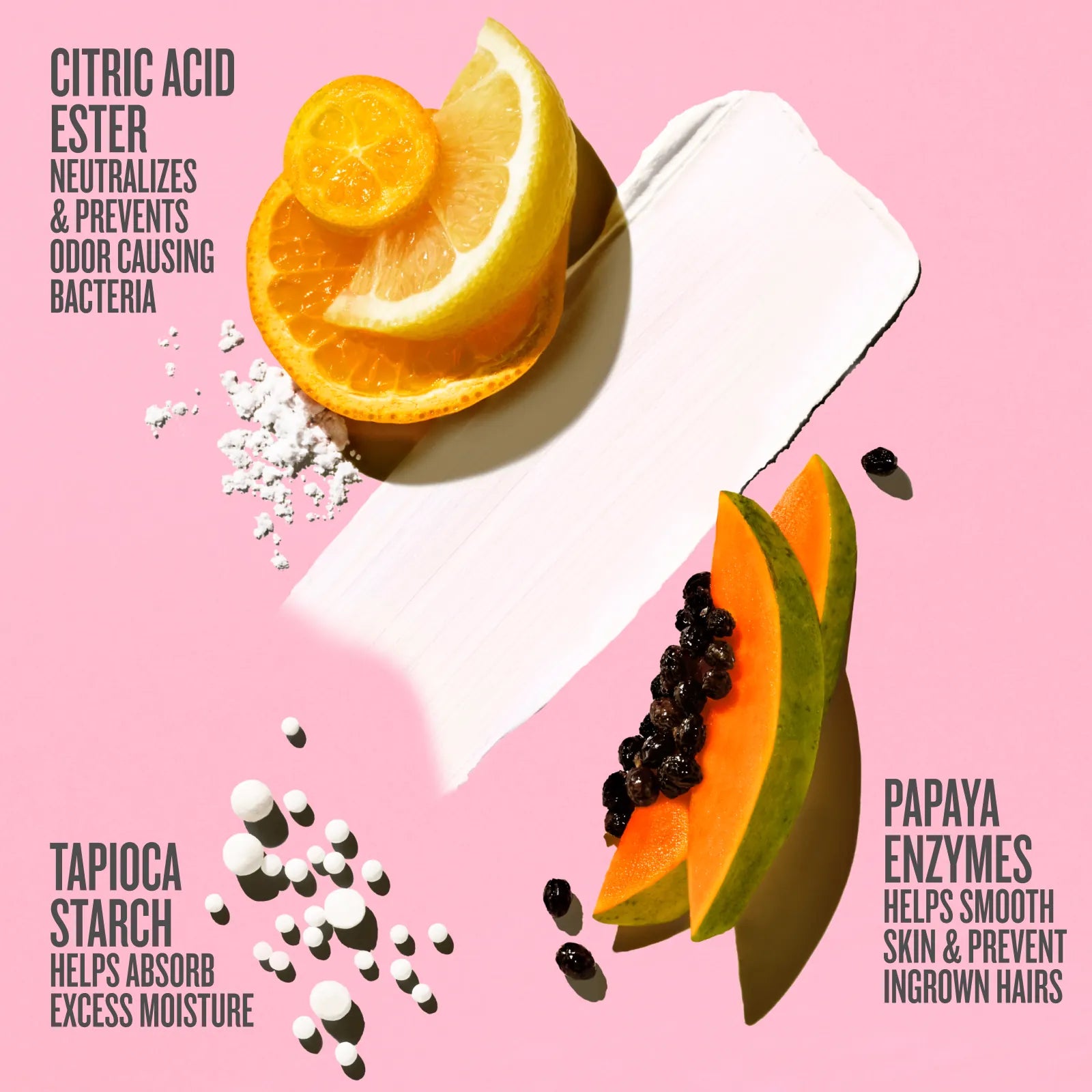 Papaya and lemon slices with text on a pink background