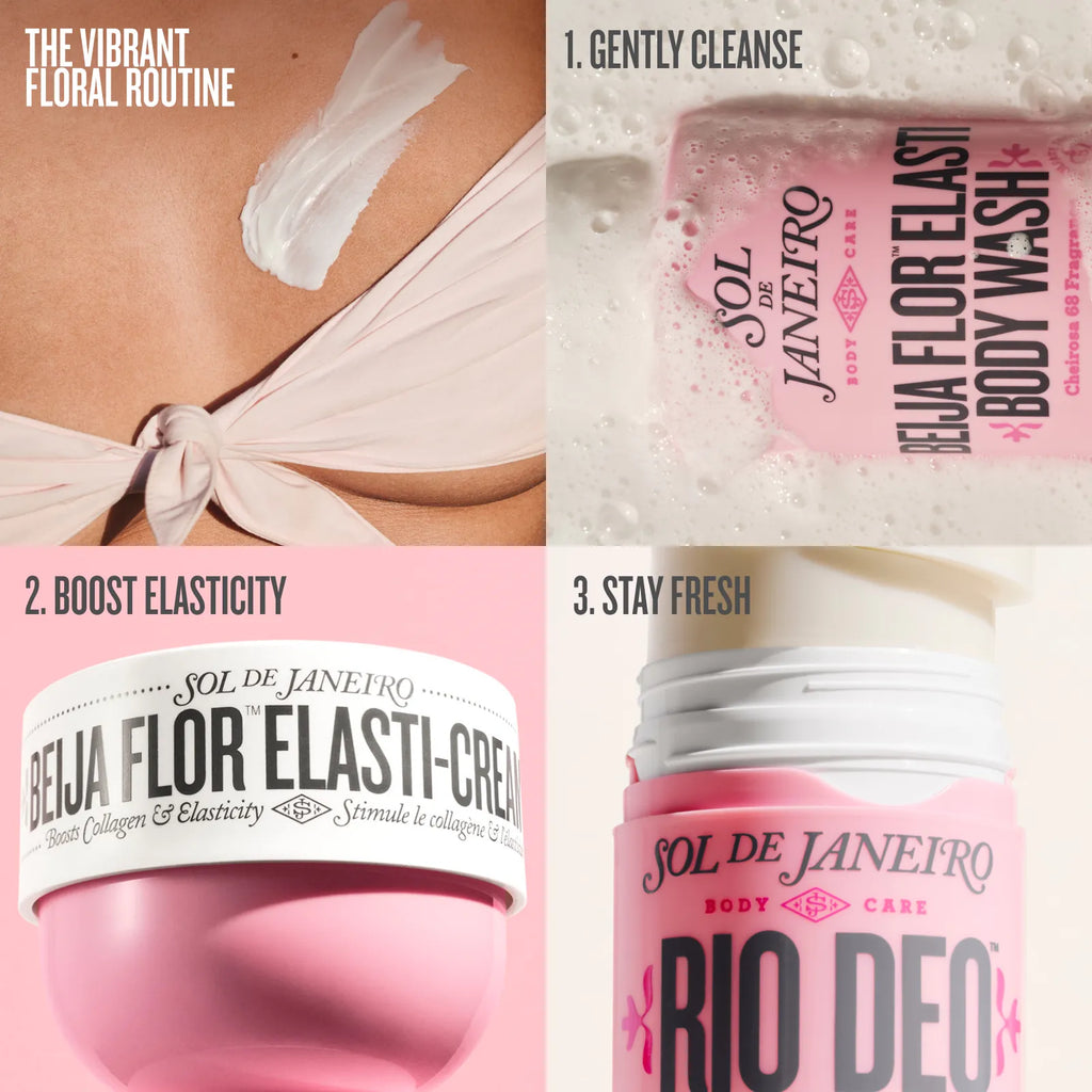 Cosmetic products with branding and steps for a skincare routine.